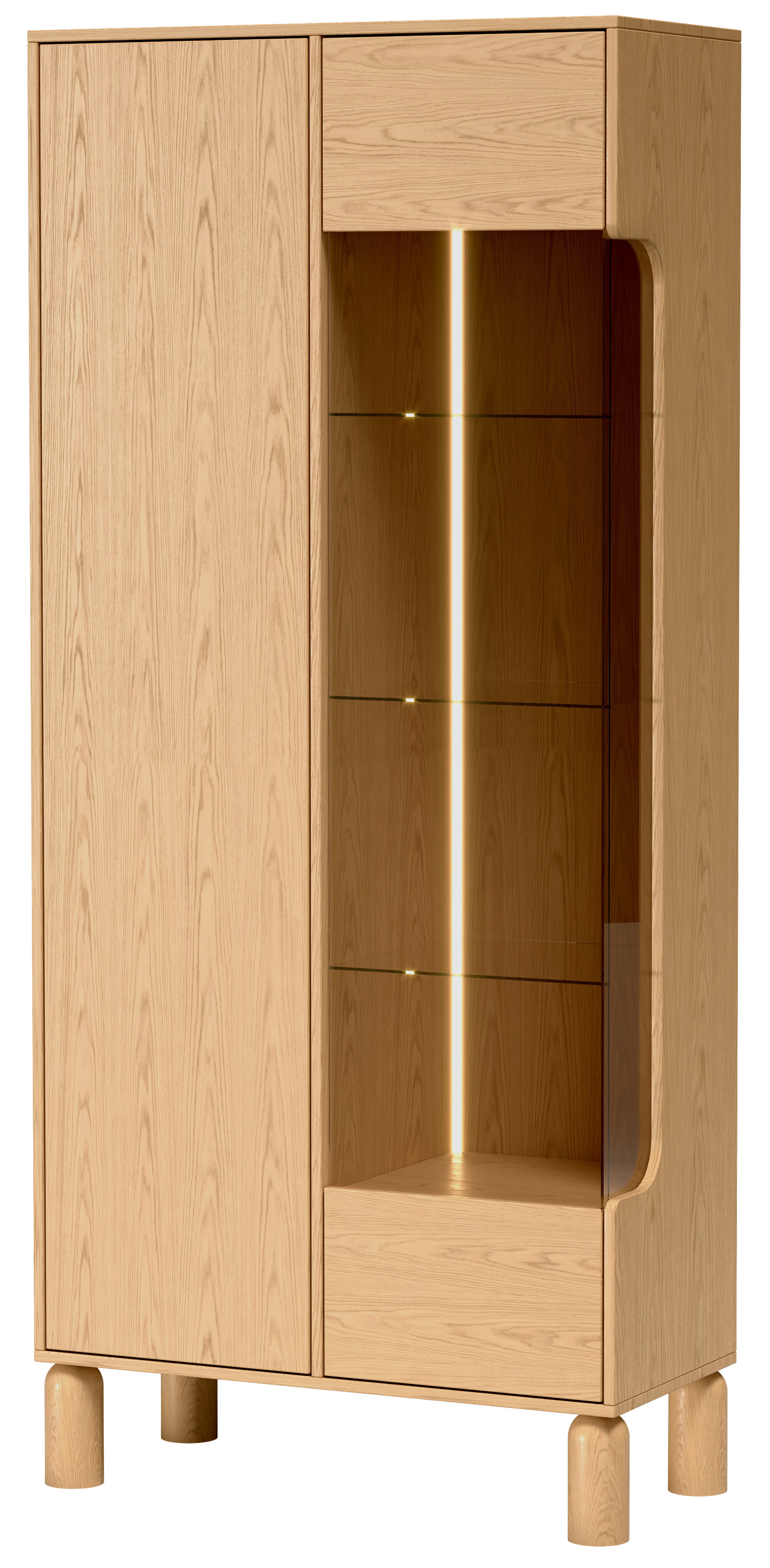 Zweiflügelige Sanden-Vitrine hoch mit LED-Beleuchtung 89 cm Eiche Bookmatch