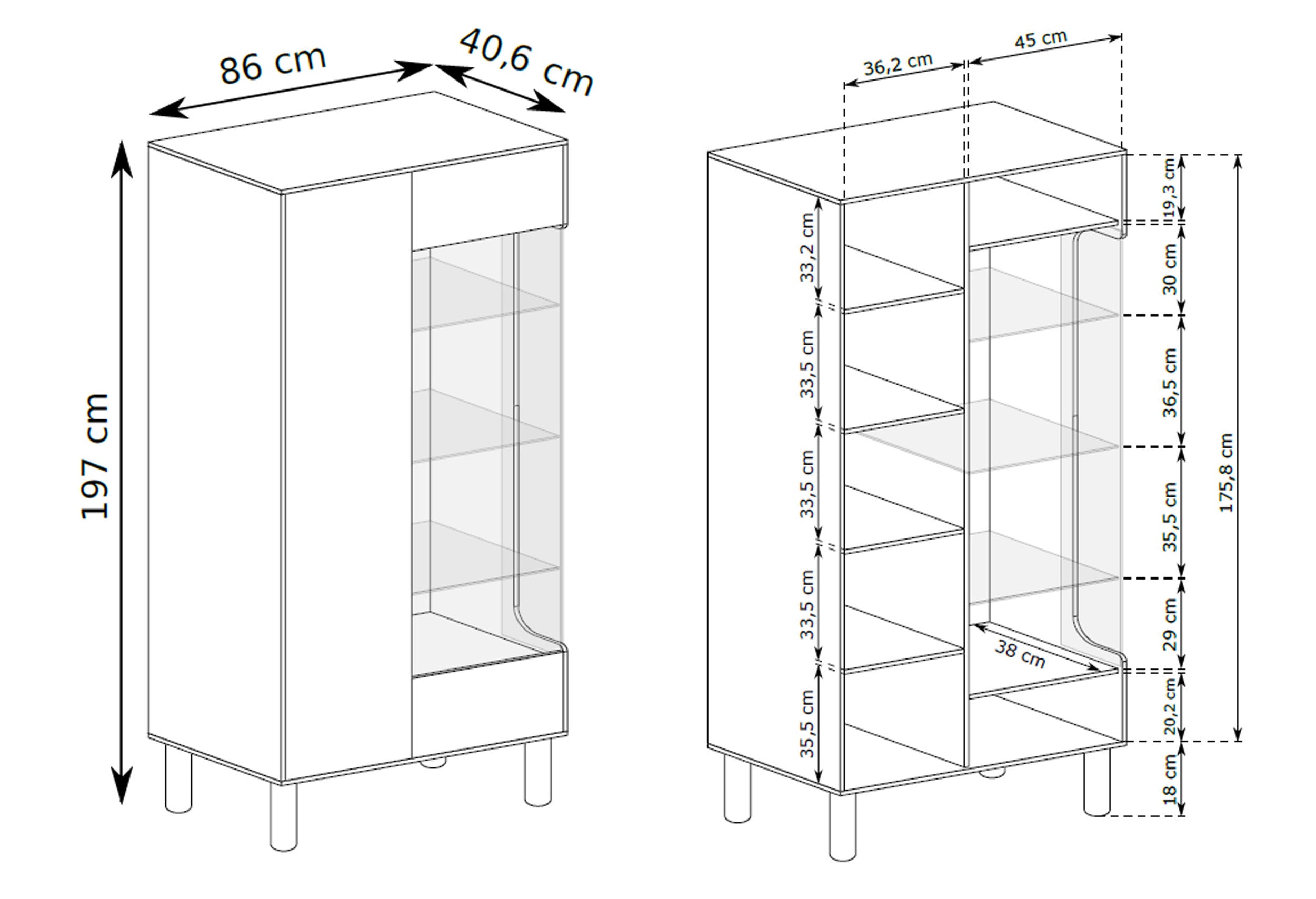 Zweiflügelige Sanden-Vitrine hoch mit LED-Beleuchtung 89 cm Eiche Bookmatch
