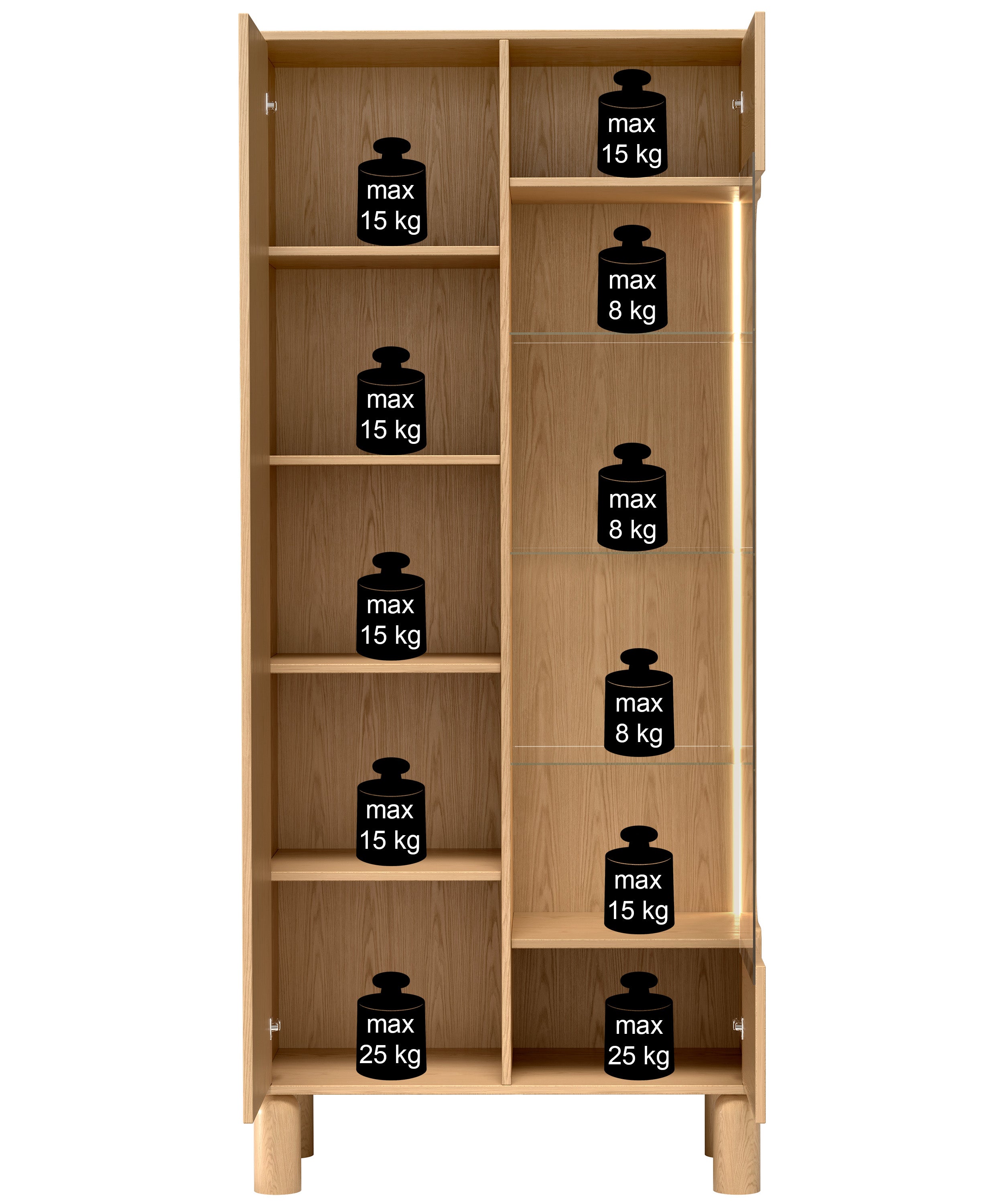 Zweiflügelige Sanden-Vitrine hoch mit LED-Beleuchtung 89 cm Eiche Bookmatch