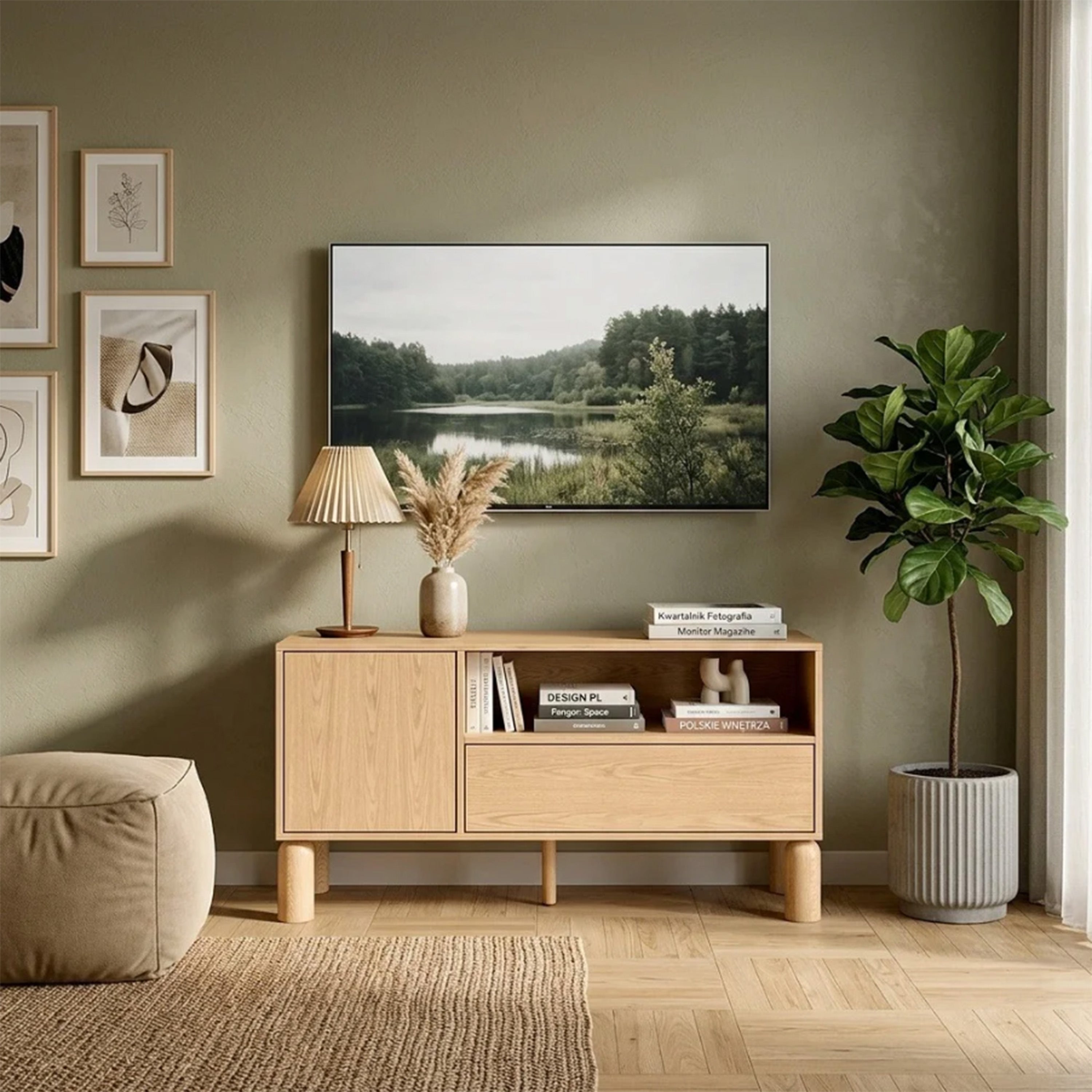 Einzeltüriger TV-Schrank Sanden mit Schublade und Nische, 120 cm, Eiche Bookmatch