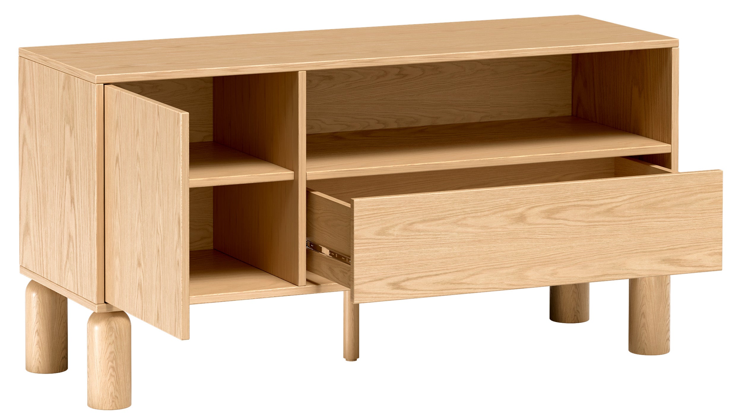 Einzeltüriger TV-Schrank Sanden mit Schublade und Nische, 120 cm, Eiche Bookmatch