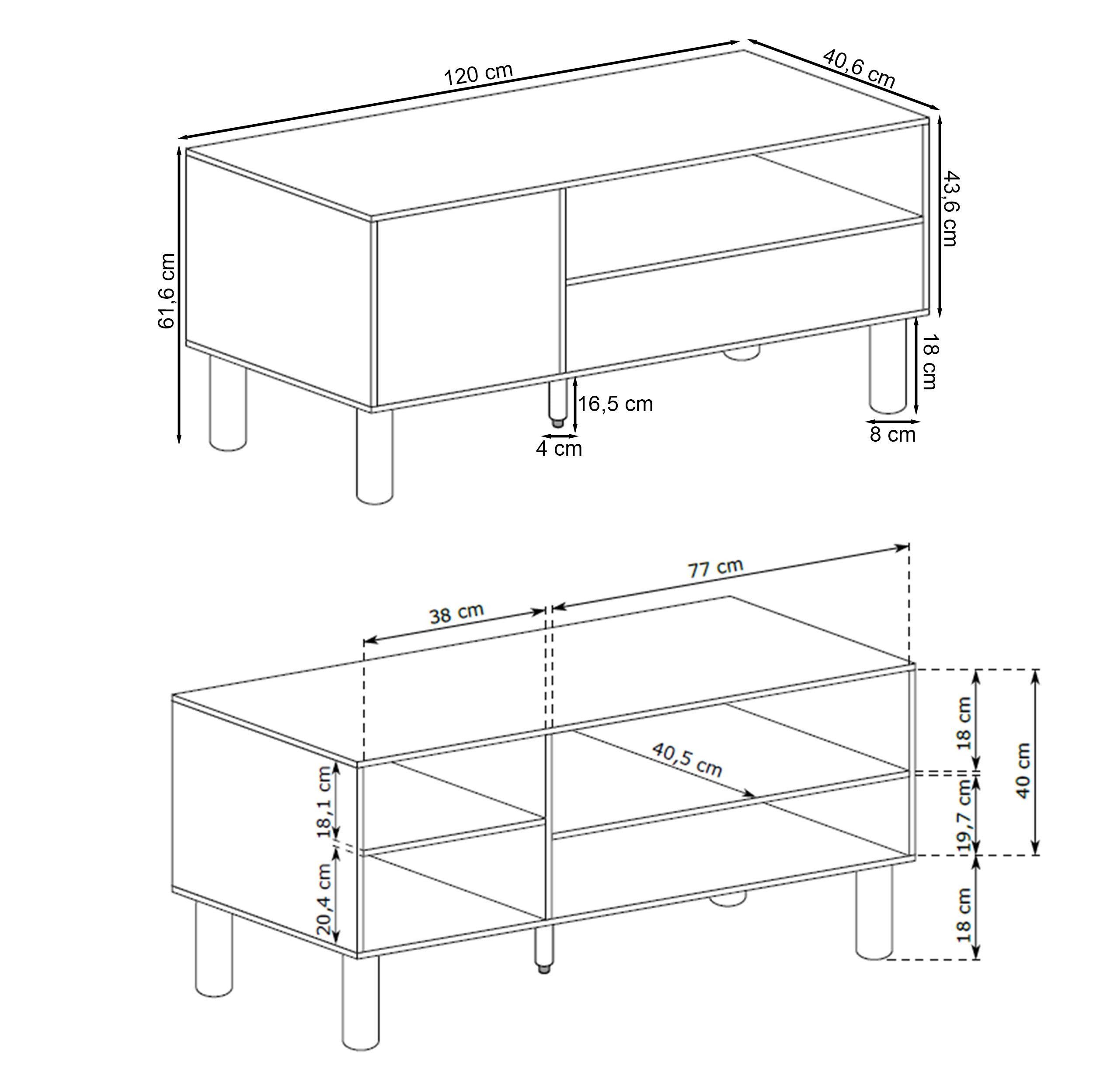 Einzeltüriger TV-Schrank Sanden mit Schublade und Nische, 120 cm, Eiche Bookmatch