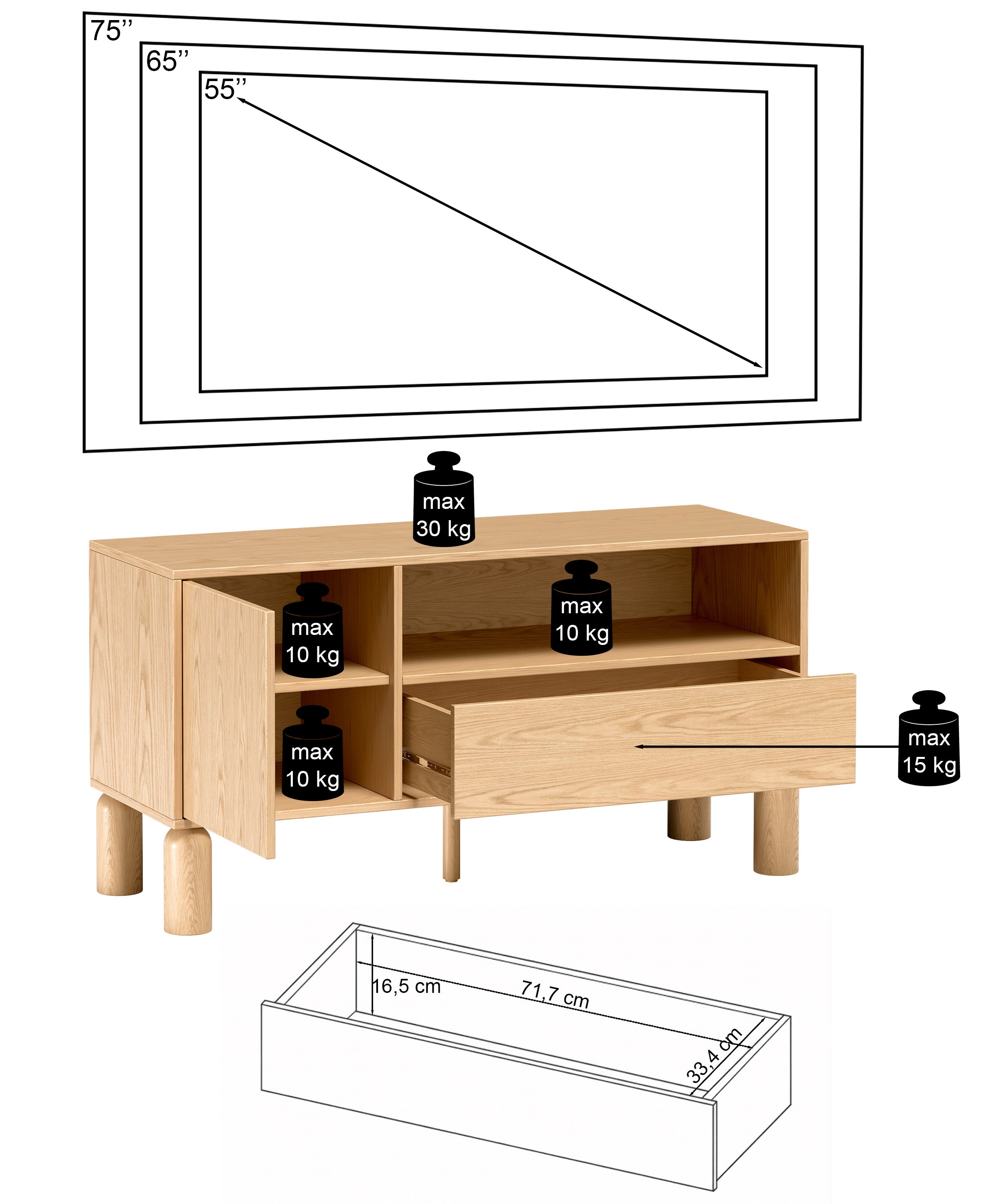 Einzeltüriger TV-Schrank Sanden mit Schublade und Nische, 120 cm, Eiche Bookmatch