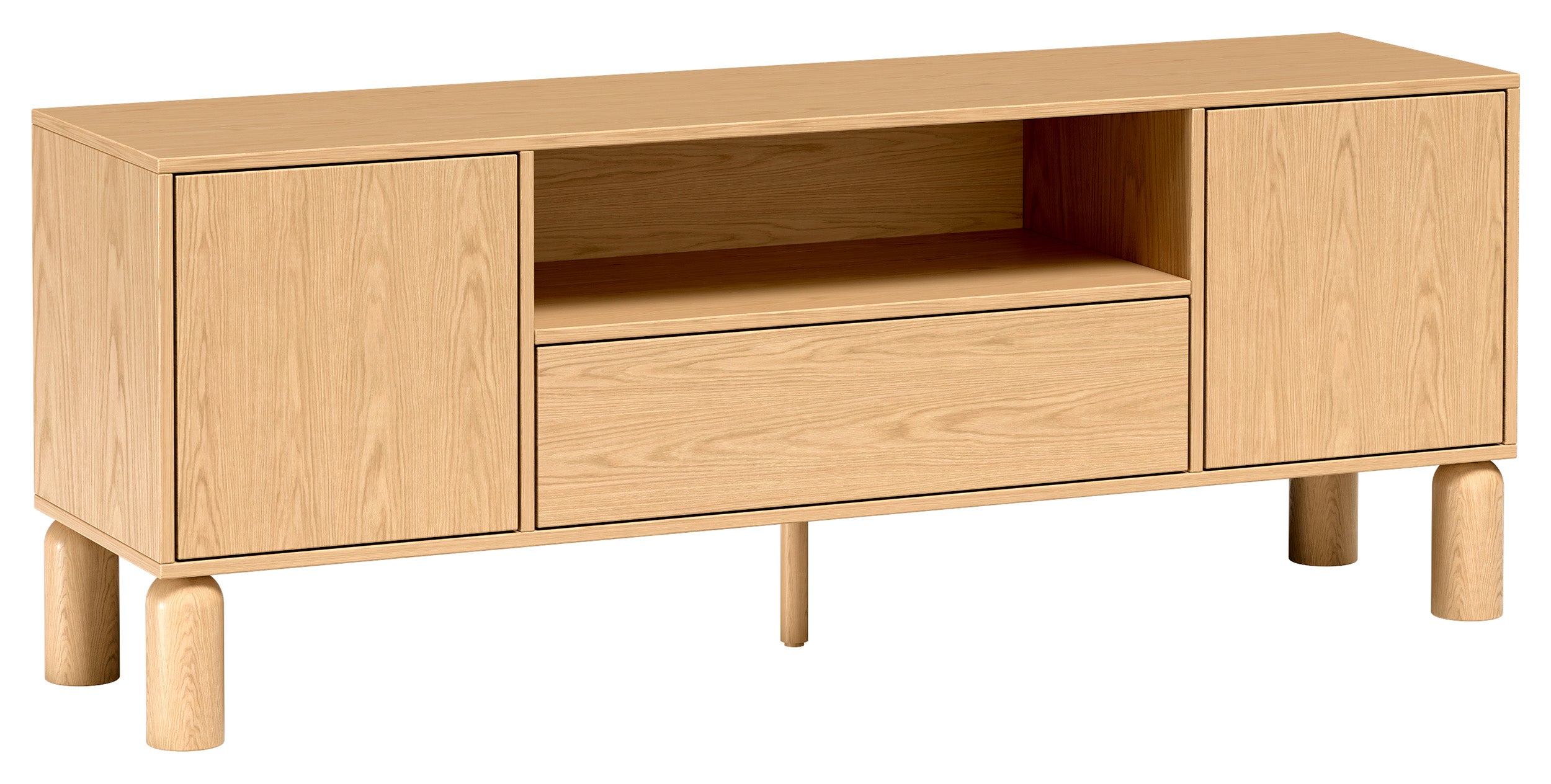 Zweiturige TV-Kommode Sanden mit Schublade und Nische, 160 cm, Eiche Bookmatch