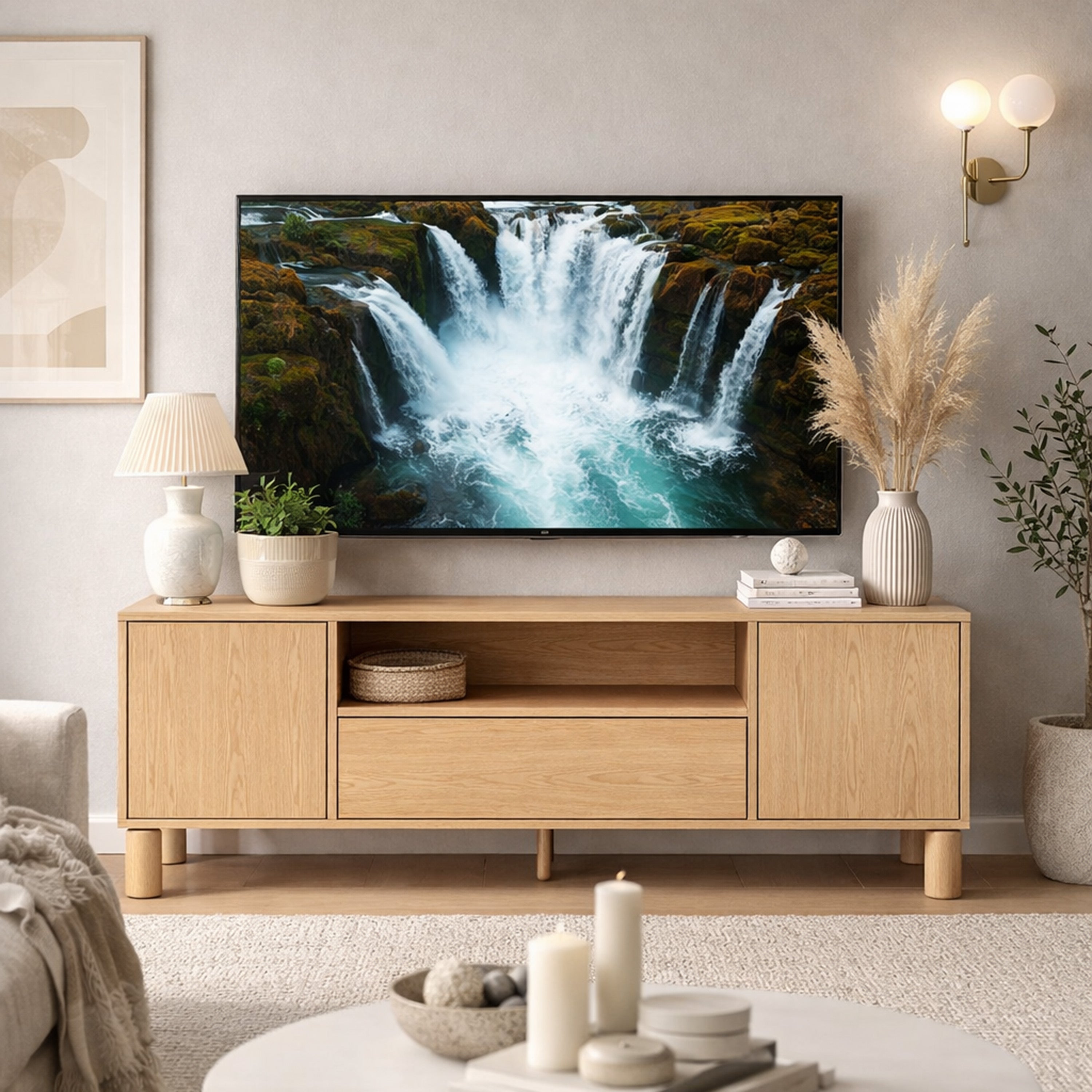 Zweiturige TV-Kommode Sanden mit Schublade und Nische, 160 cm, Eiche Bookmatch