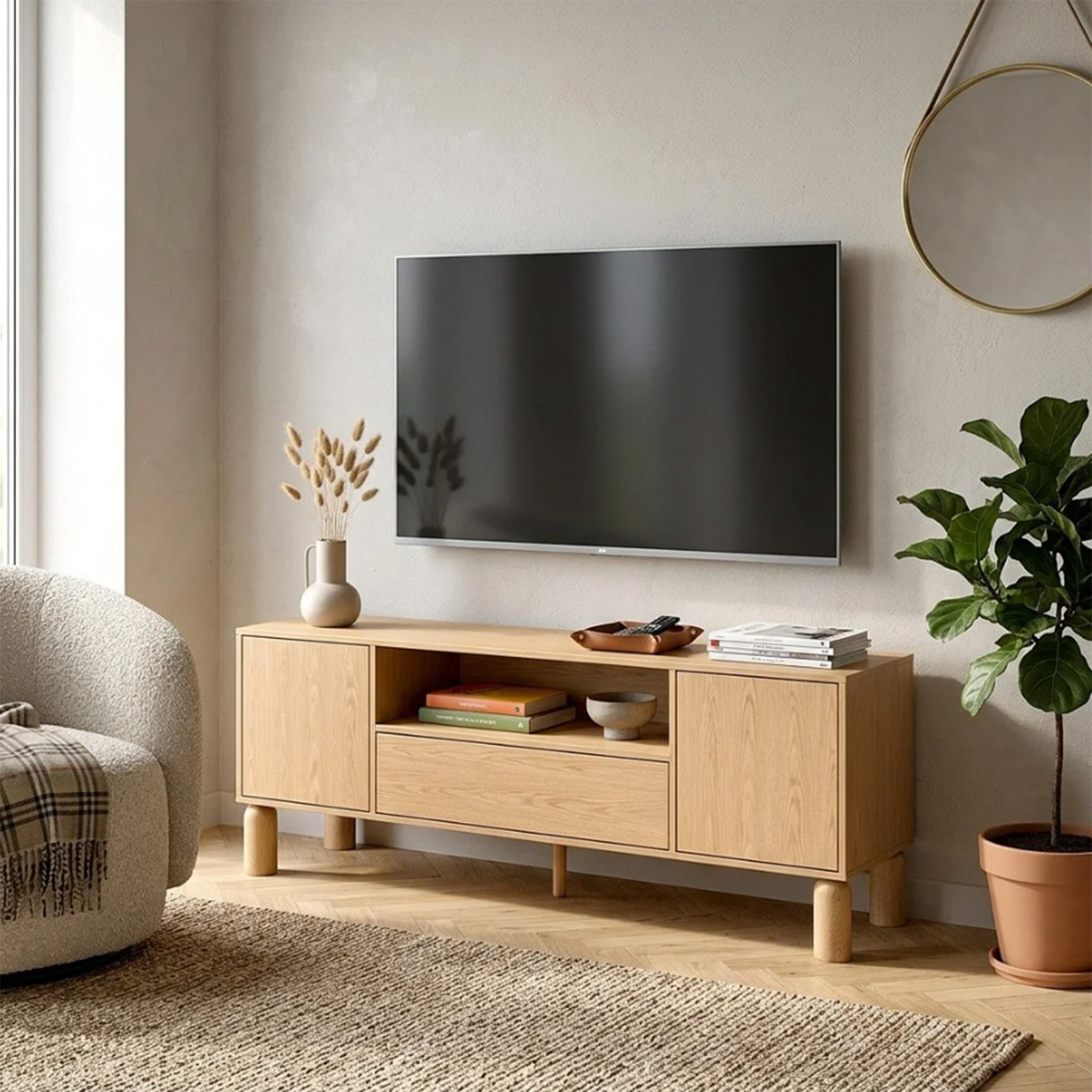 Zweiturige TV-Kommode Sanden mit Schublade und Nische, 160 cm, Eiche Bookmatch