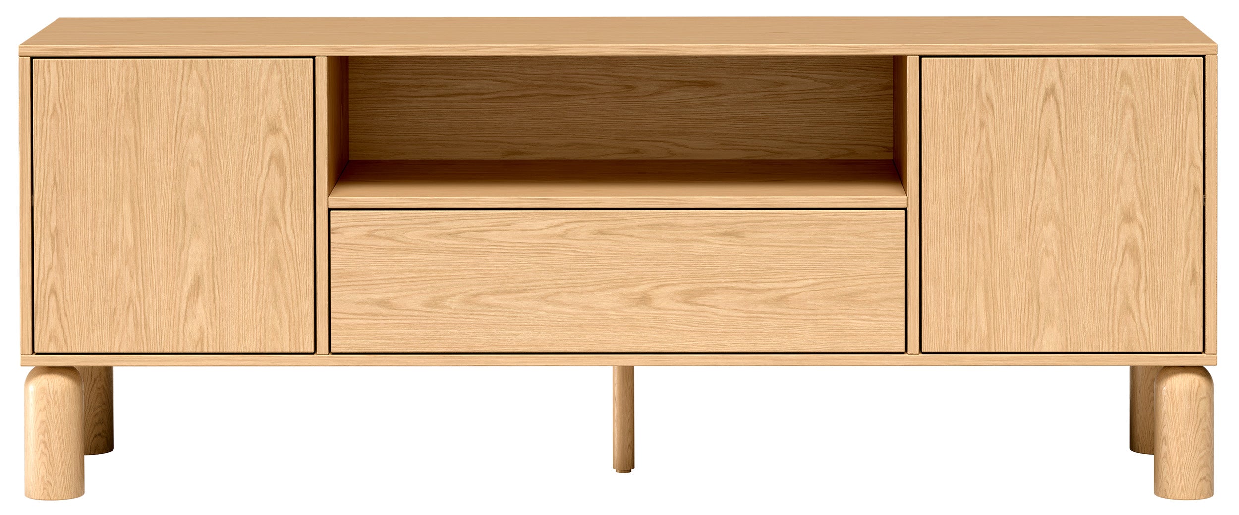 Zweiturige TV-Kommode Sanden mit Schublade und Nische, 160 cm, Eiche Bookmatch