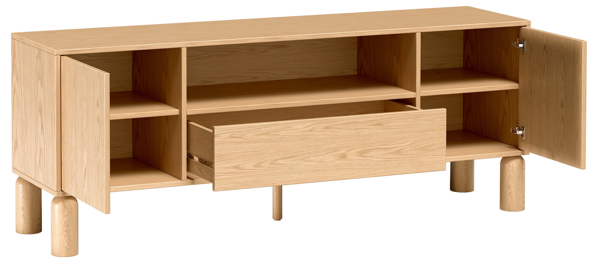 Zweiturige TV-Kommode Sanden mit Schublade und Nische, 160 cm, Eiche Bookmatch