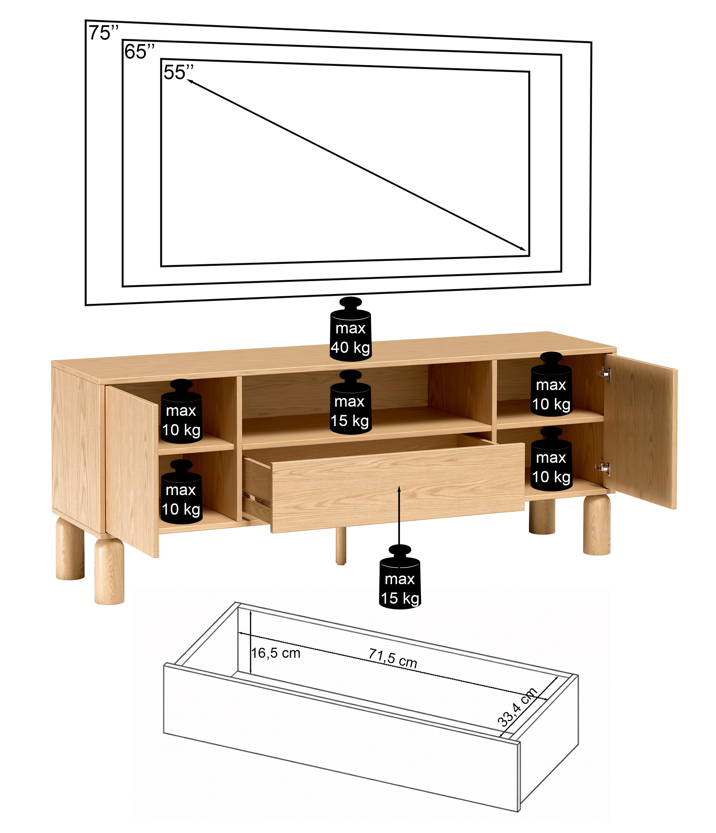 Zweiturige TV-Kommode Sanden mit Schublade und Nische, 160 cm, Eiche Bookmatch