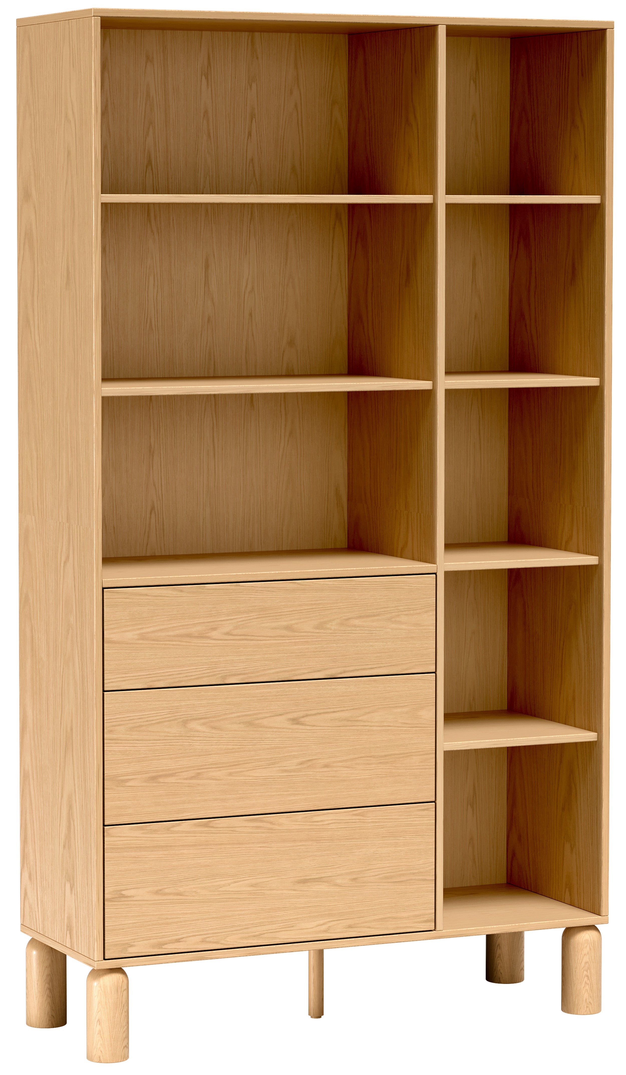 Regal Sanden mit drei Schubladen, 110 cm, Eiche Bookmatch