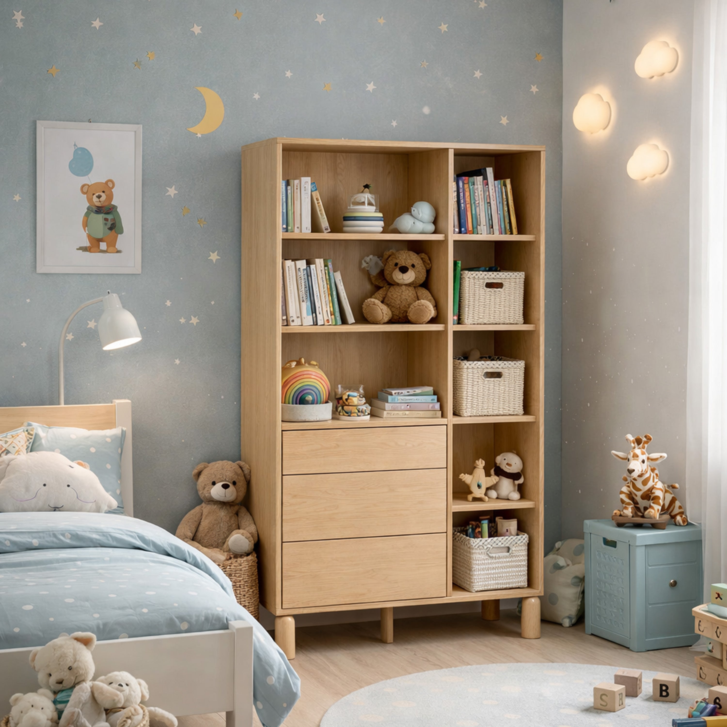 Regal Sanden mit drei Schubladen, 110 cm, Eiche Bookmatch