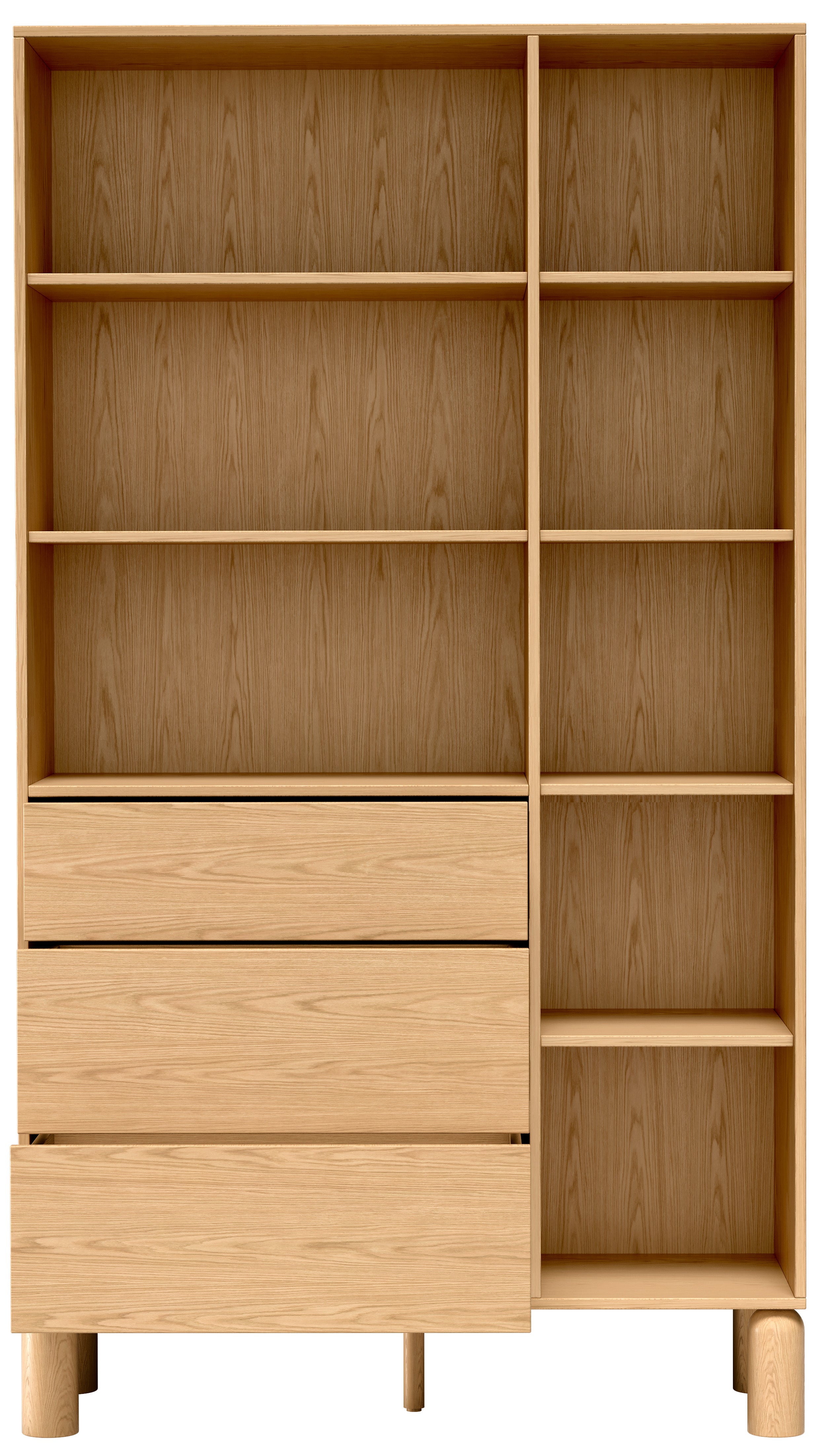 Regal Sanden mit drei Schubladen, 110 cm, Eiche Bookmatch