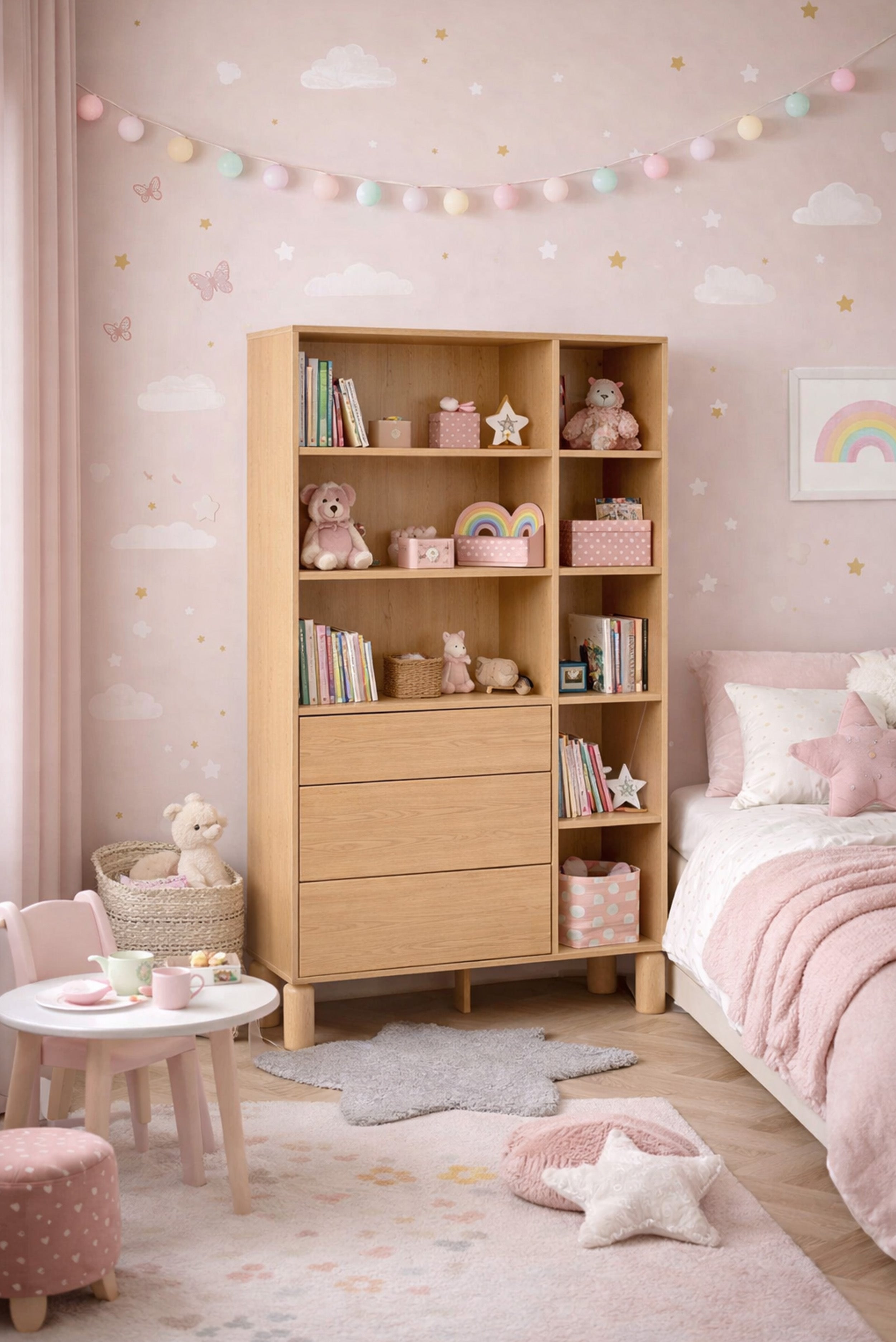 Regal Sanden mit drei Schubladen, 110 cm, Eiche Bookmatch