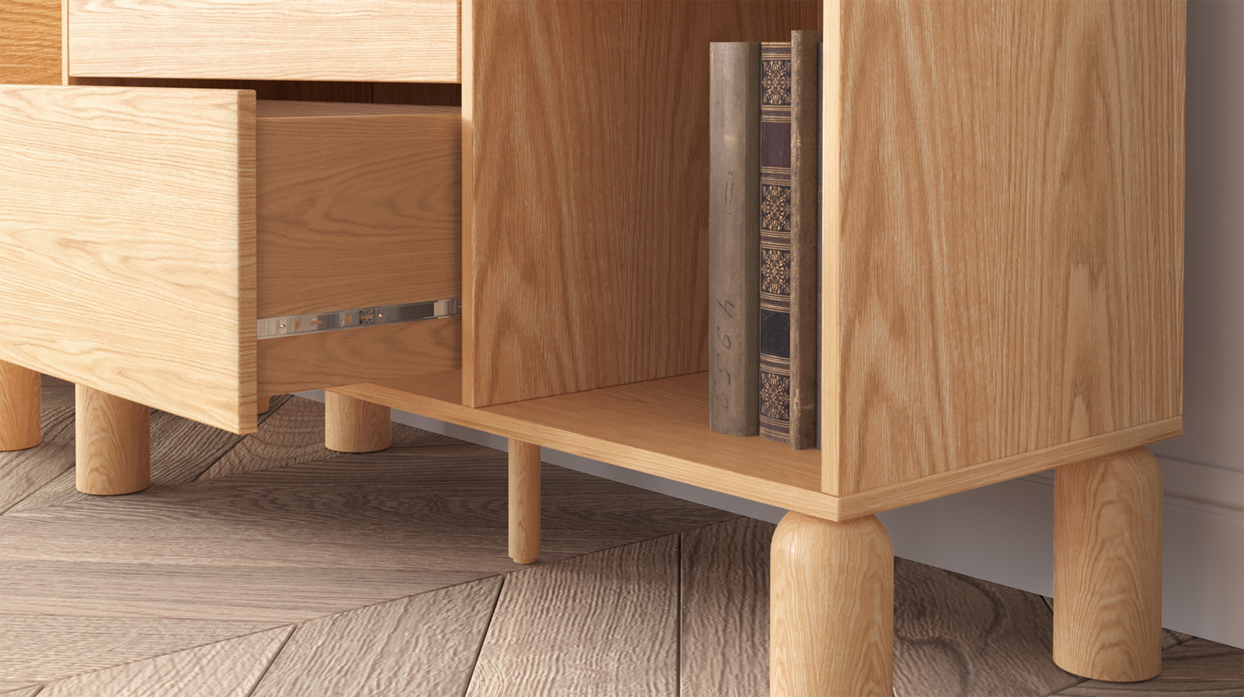 Regal Sanden mit drei Schubladen, 110 cm, Eiche Bookmatch