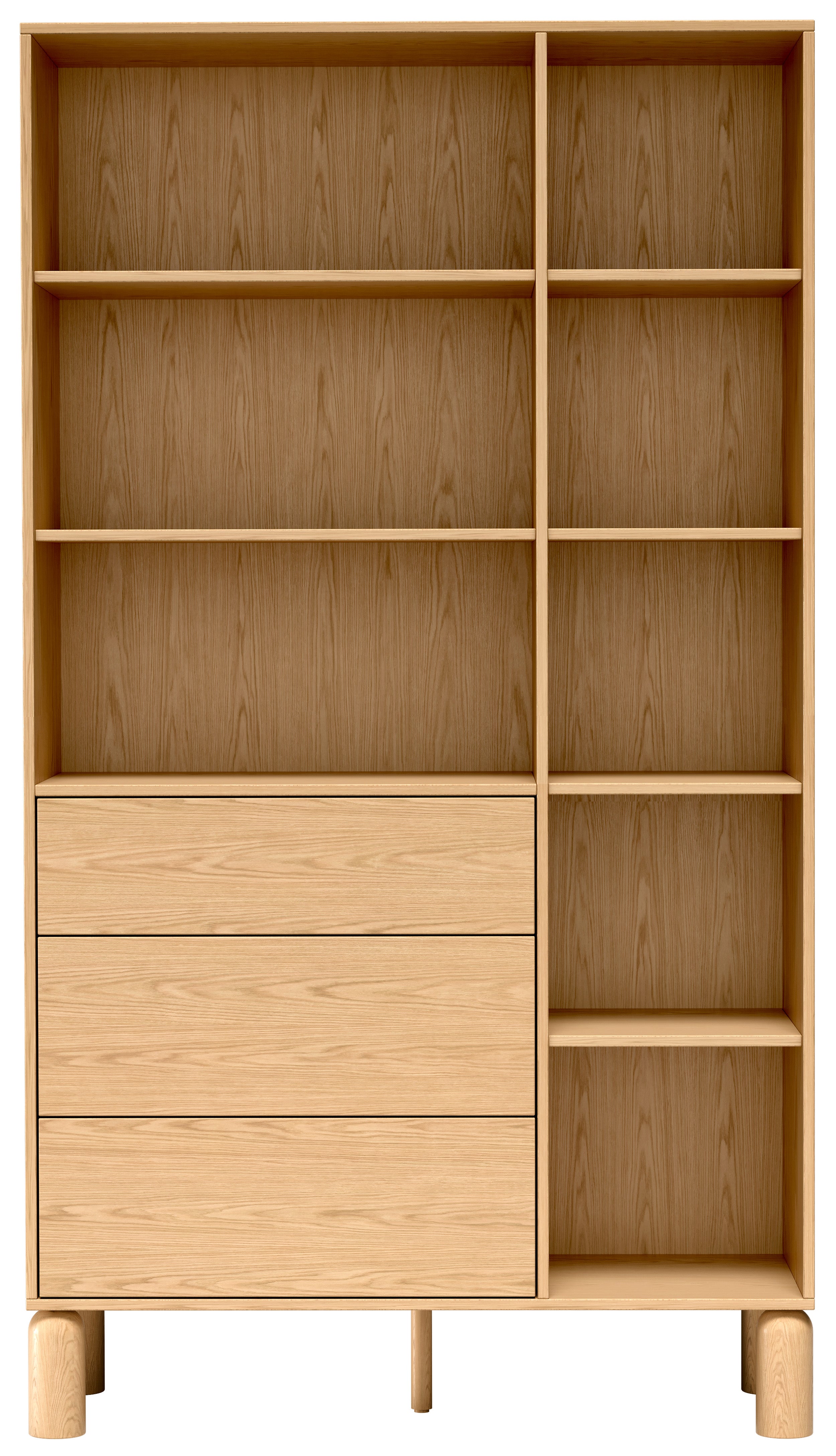 Regal Sanden mit drei Schubladen, 110 cm, Eiche Bookmatch