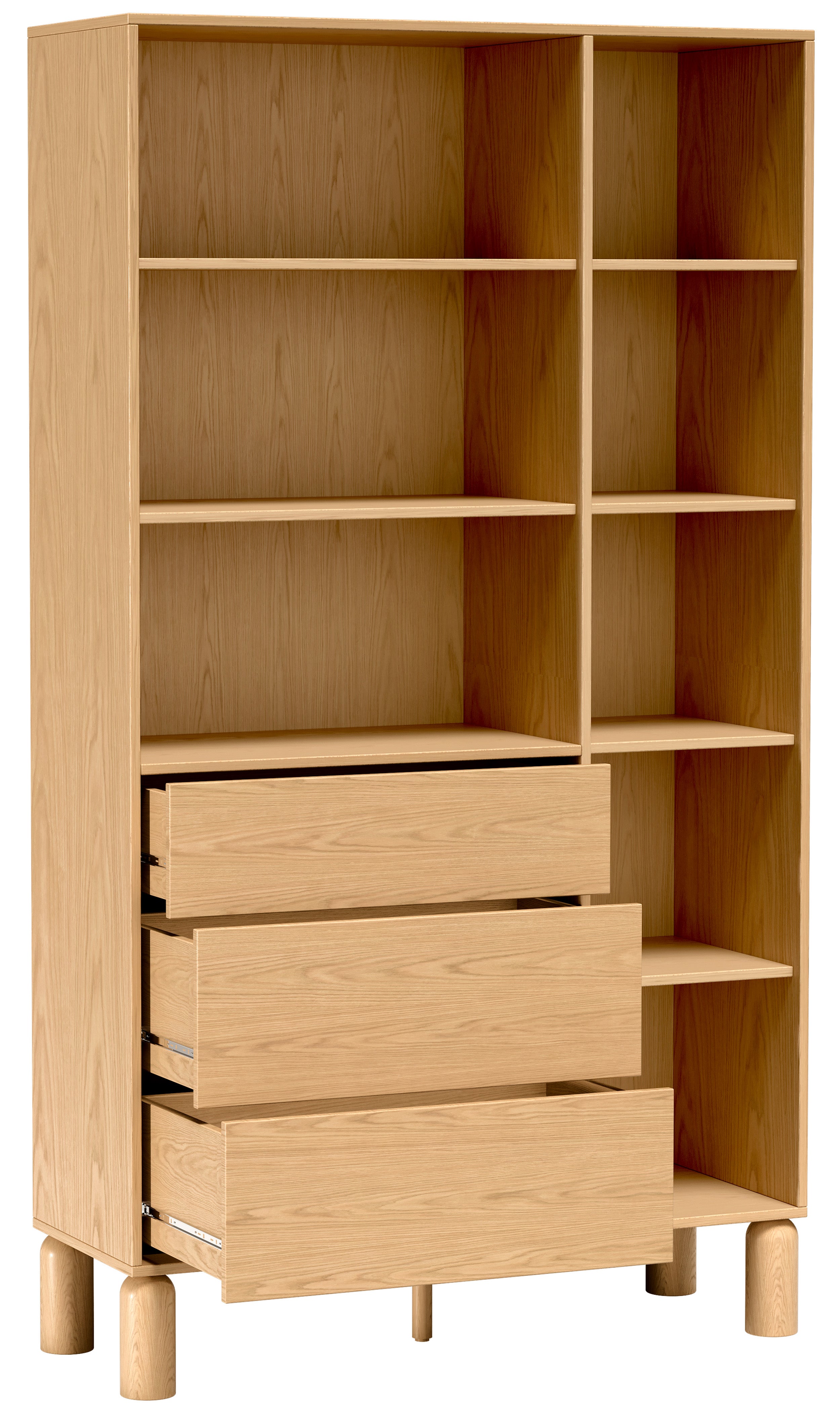 Regal Sanden mit drei Schubladen, 110 cm, Eiche Bookmatch