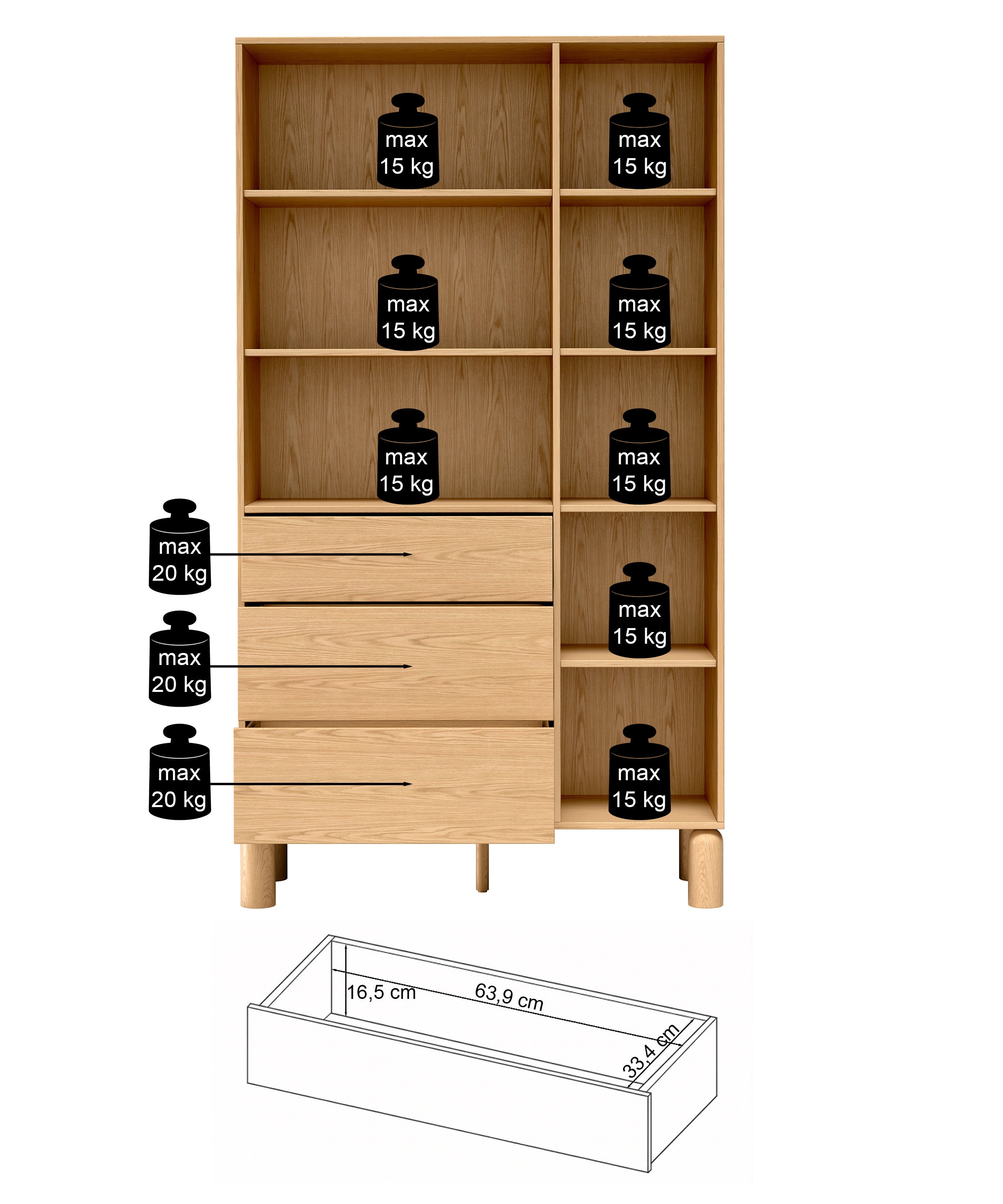 Regal Sanden mit drei Schubladen, 110 cm, Eiche Bookmatch