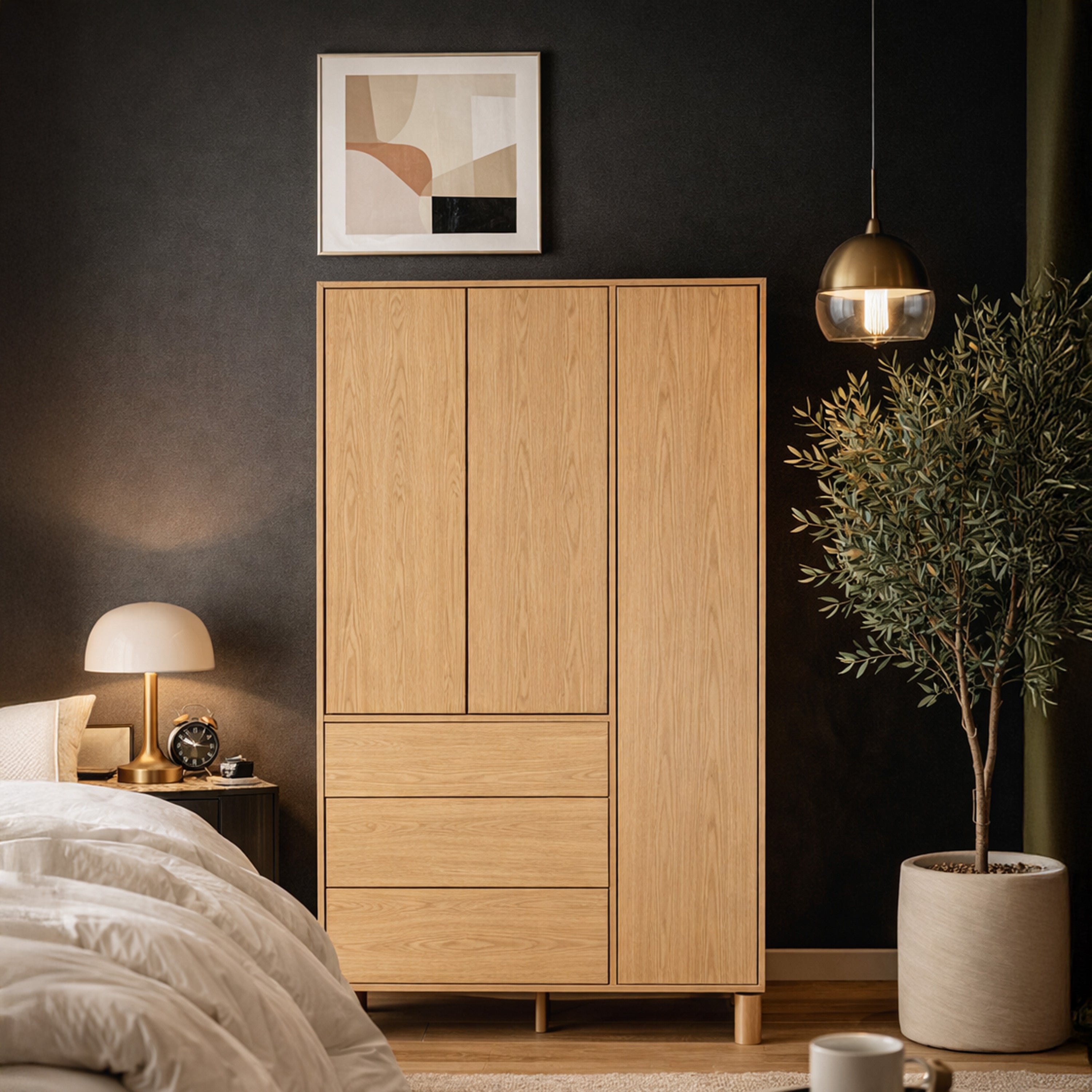 Drehtürenschrank Sanden mit drei Schubladen, 110 cm, Eiche Bookmatch