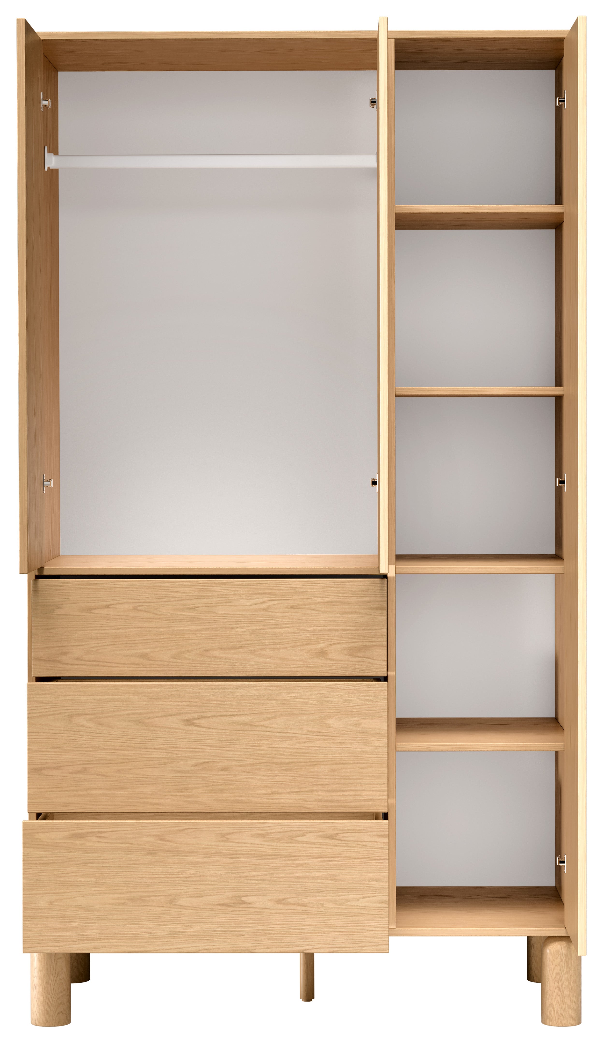 Drehtürenschrank Sanden mit drei Schubladen, 110 cm, Eiche Bookmatch