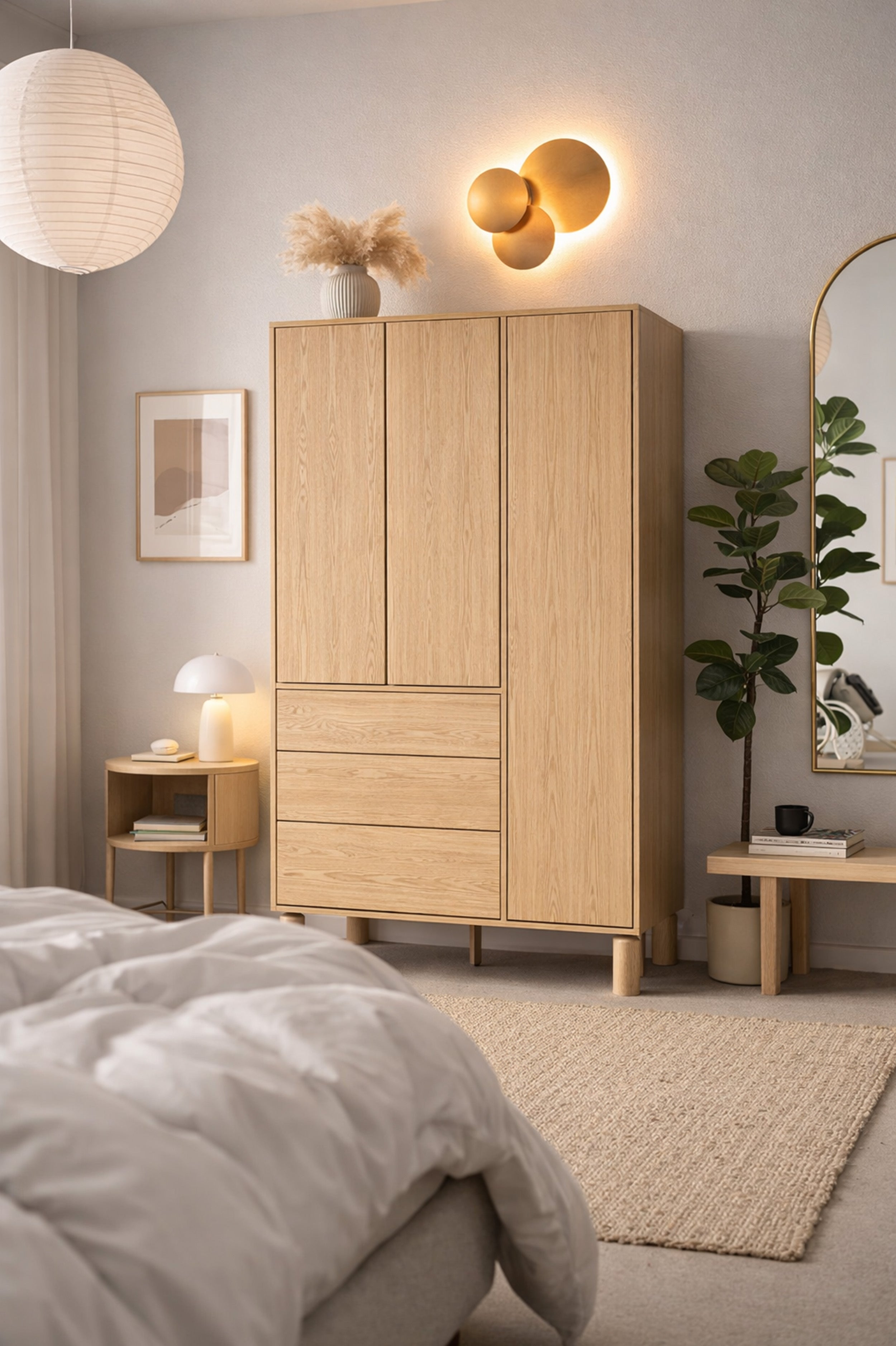 Drehtürenschrank Sanden mit drei Schubladen, 110 cm, Eiche Bookmatch