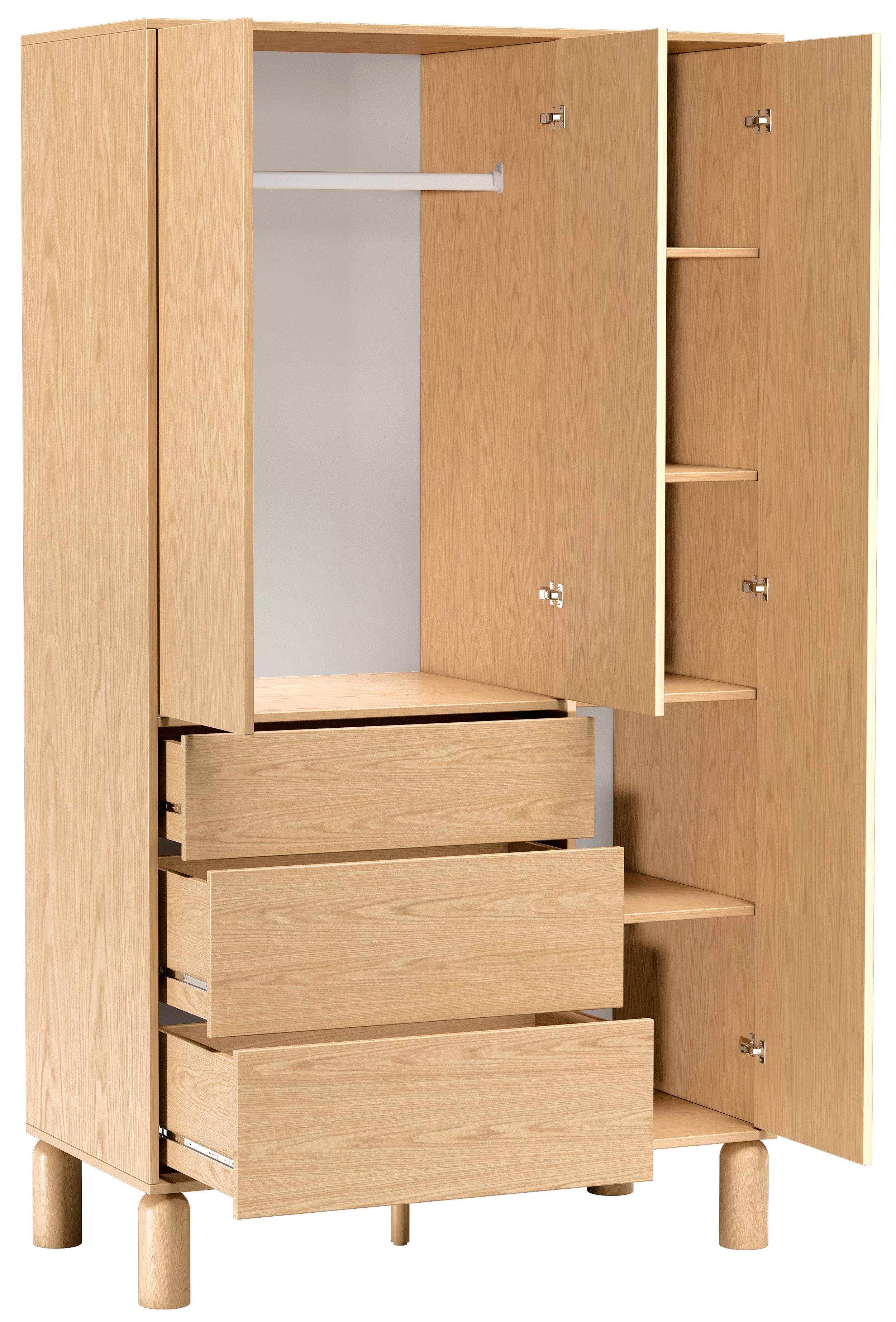 Drehtürenschrank Sanden mit drei Schubladen, 110 cm, Eiche Bookmatch