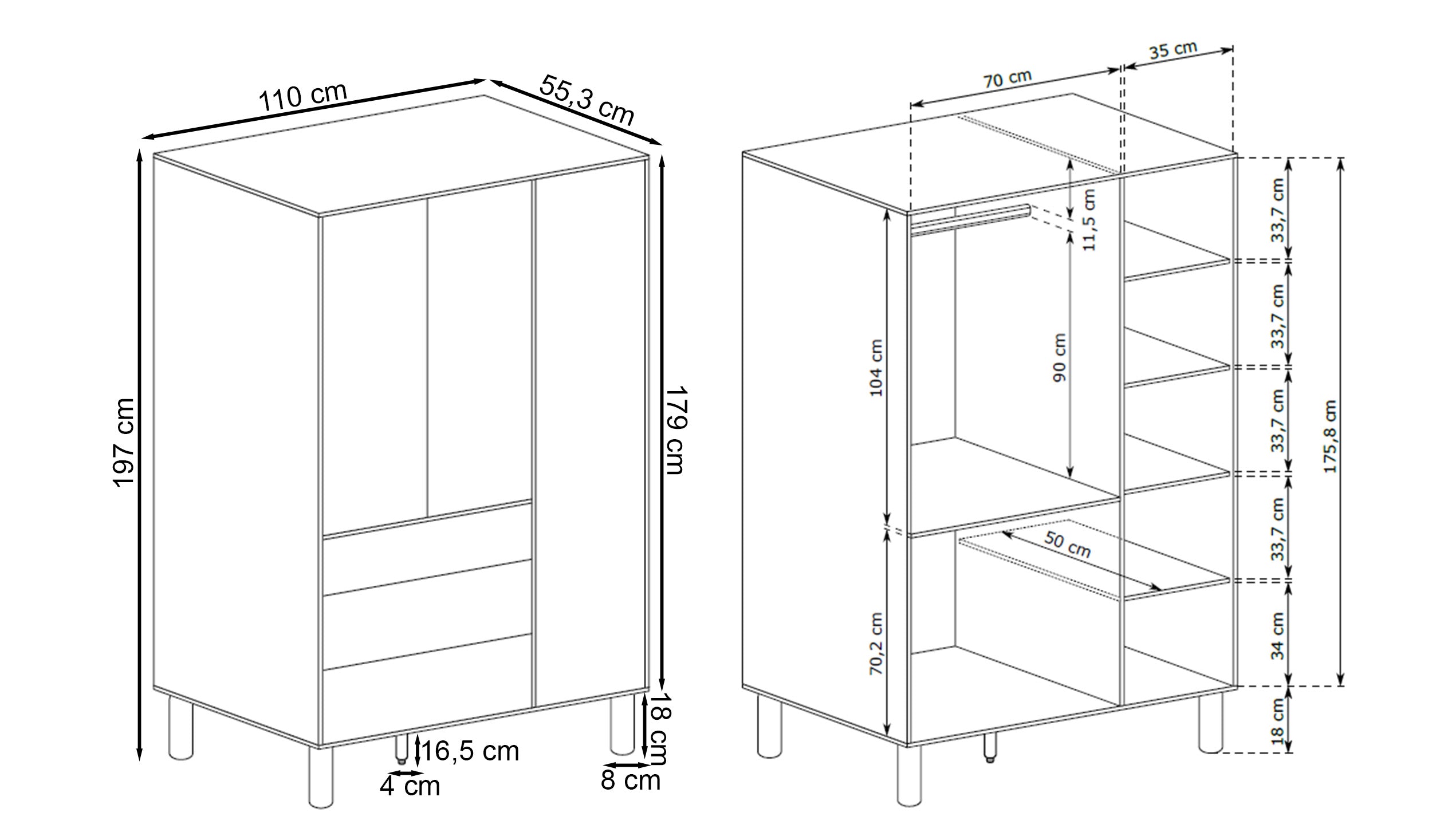 Drehtürenschrank Sanden mit drei Schubladen, 110 cm, Eiche Bookmatch