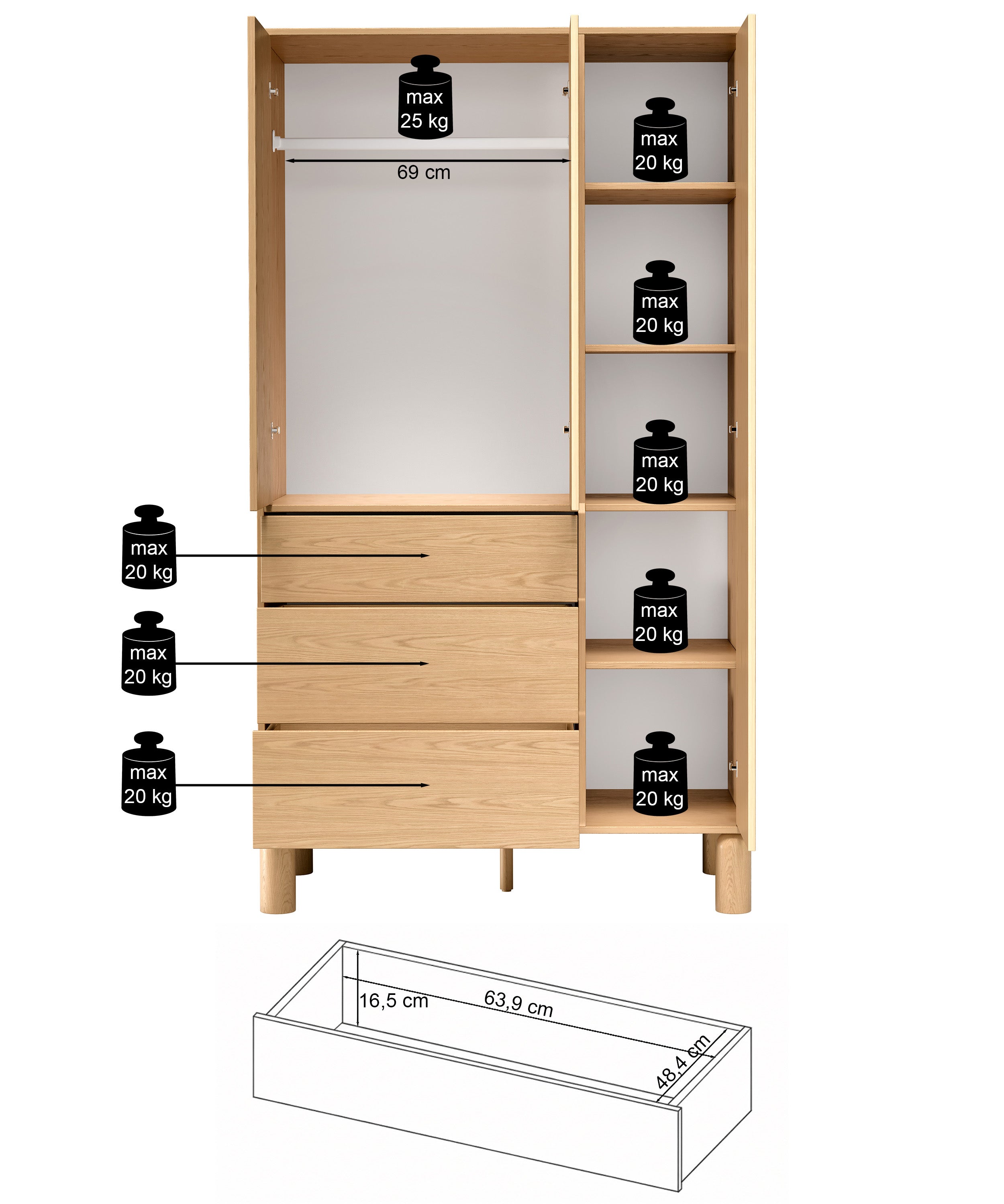 Drehtürenschrank Sanden mit drei Schubladen, 110 cm, Eiche Bookmatch