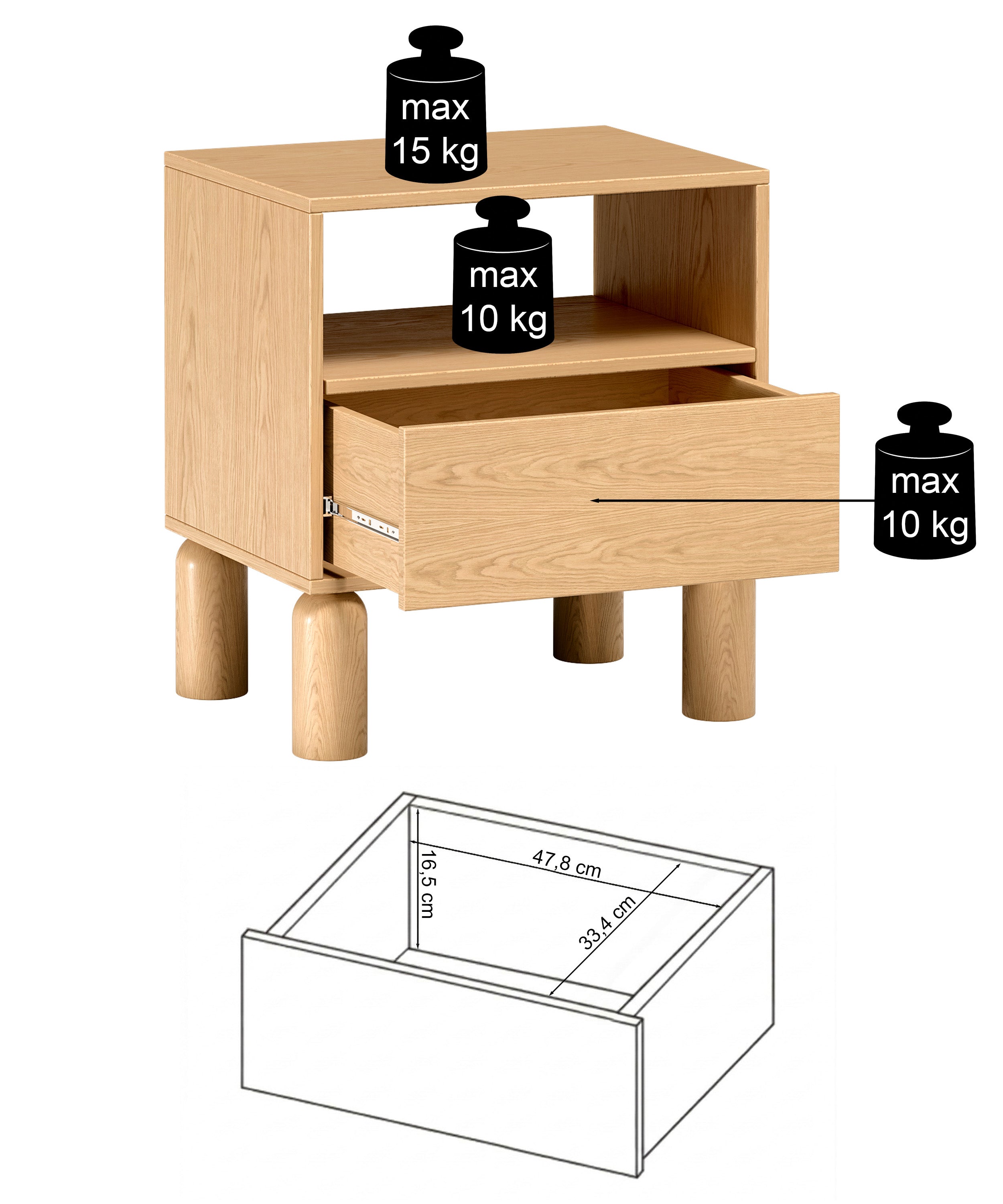 Nachttisch Sanden mit Schublade und Fach, 54 cm, Eiche Bookmatch