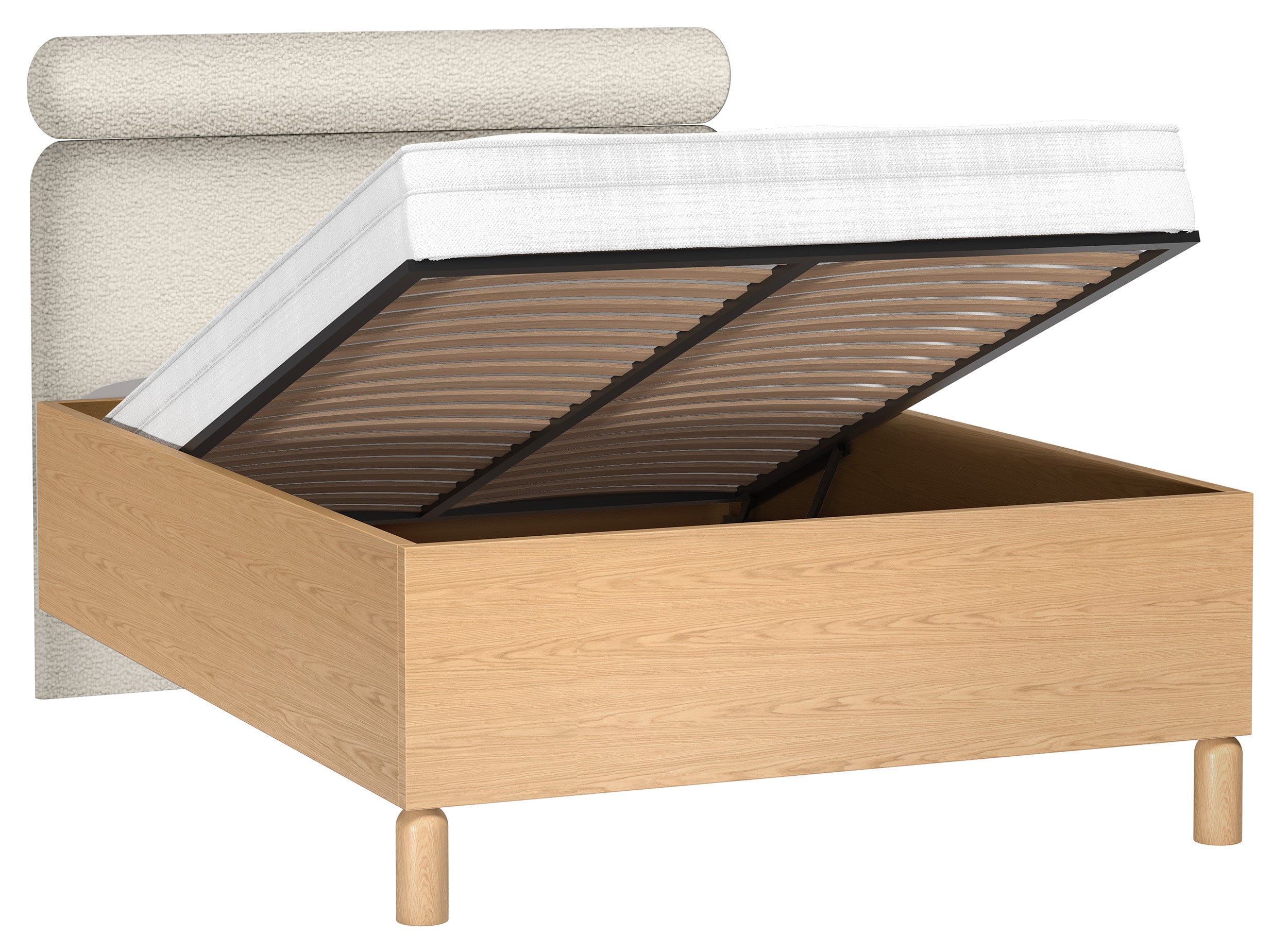 Bett mit gepolstertem Kopfteil 140x200 cm Sanden mit Stauraum und Metallrahmen in cremefarbenem Bouclé, wasserabweisend
