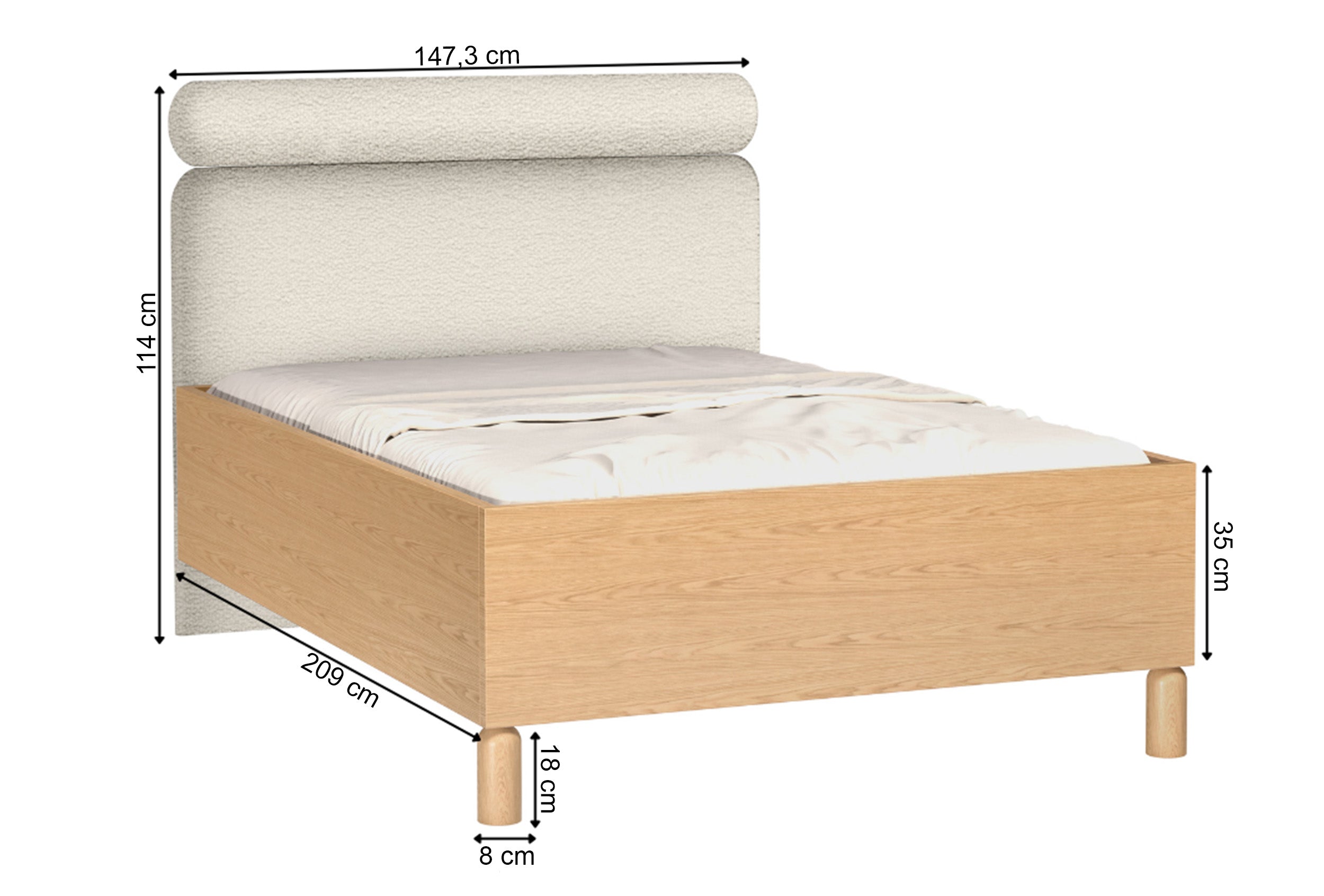 Bett mit gepolstertem Kopfteil 140x200 cm Sanden mit Stauraum und Metallrahmen in cremefarbenem Bouclé, wasserabweisend