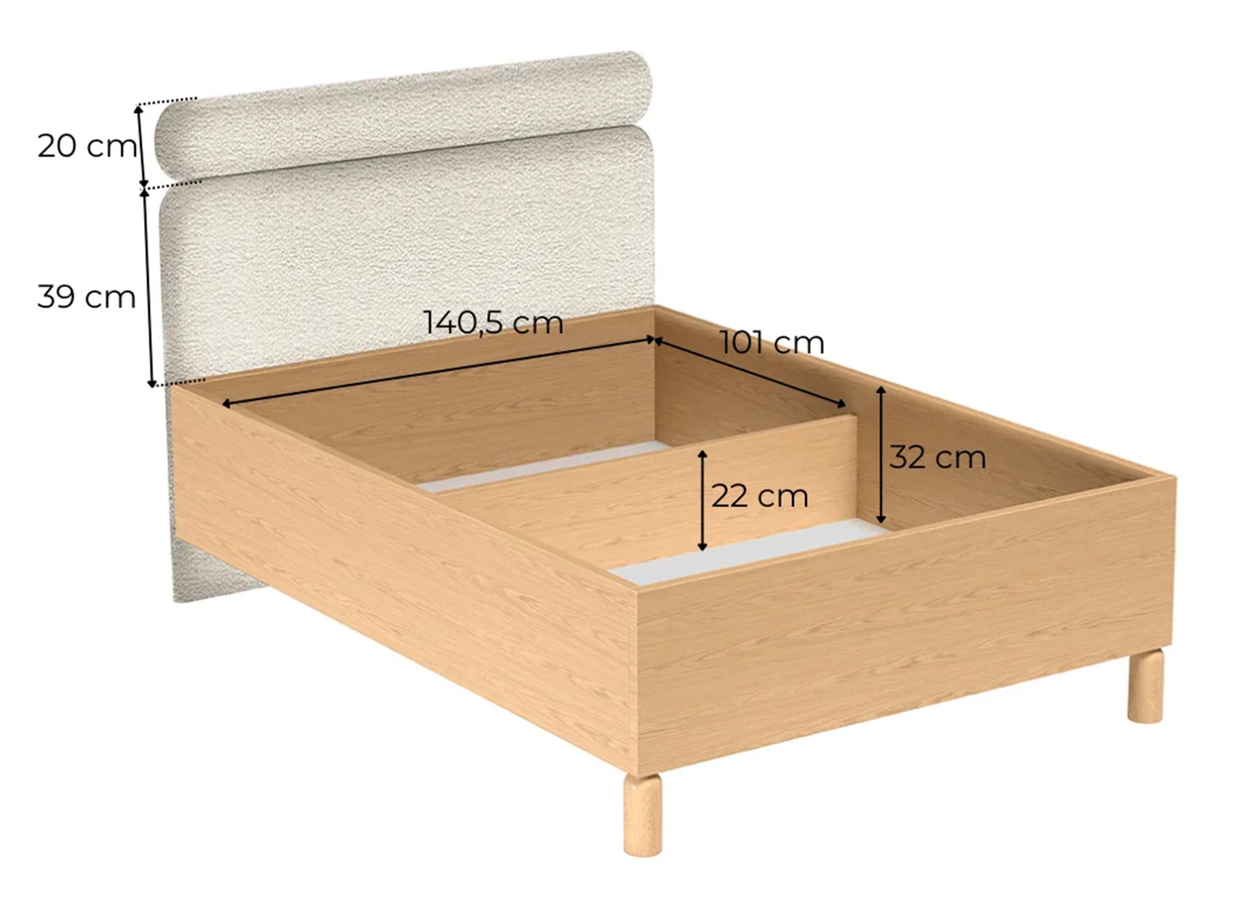 Bett mit gepolstertem Kopfteil 140x200 cm Sanden mit Stauraum und Metallrahmen in cremefarbenem Bouclé, wasserabweisend