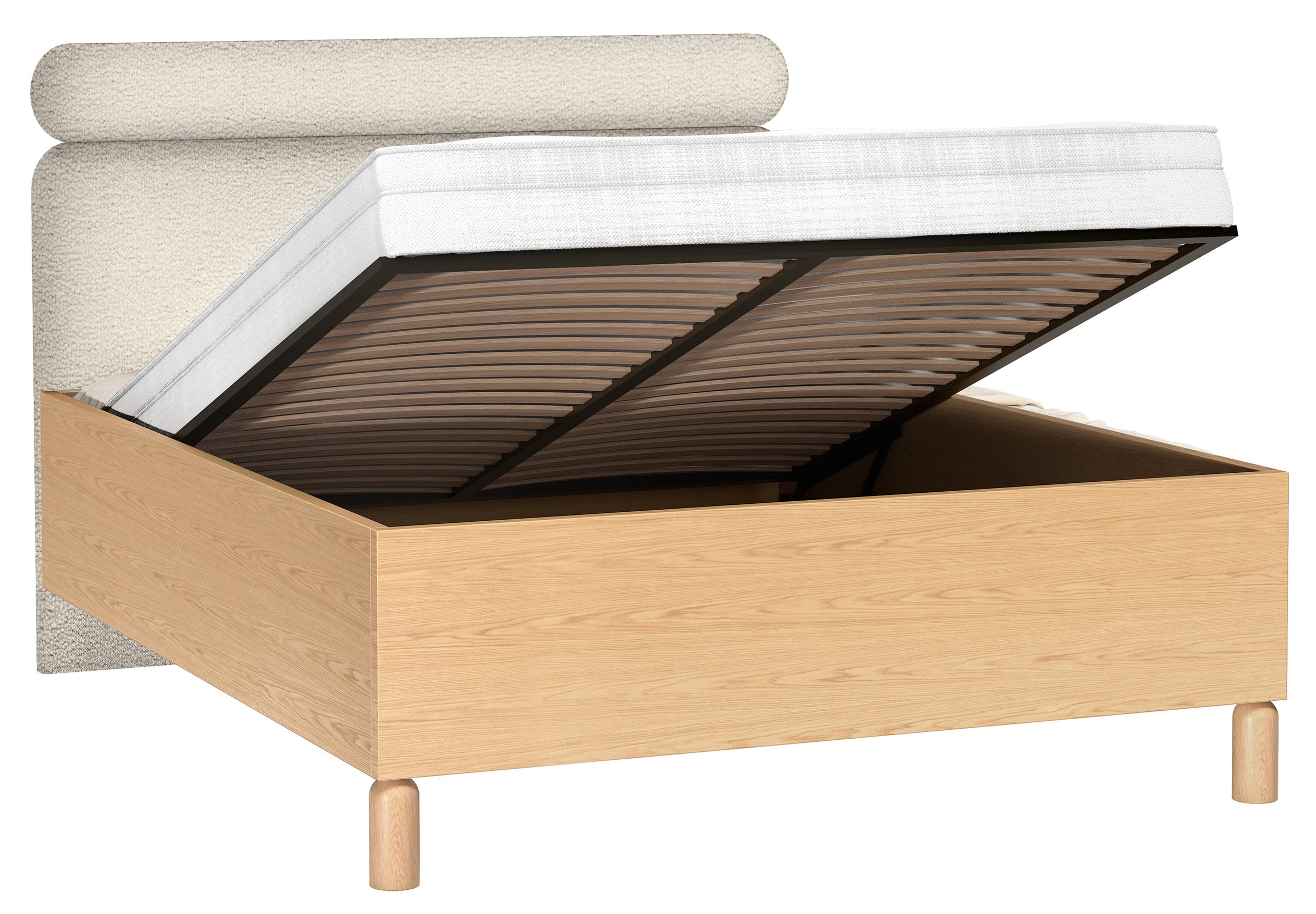Bett mit gepolstertem Kopfteil 160x200 cm Sanden mit Stauraum und Metallrahmen, cremefarbenes Bouclé, wasserabweisend