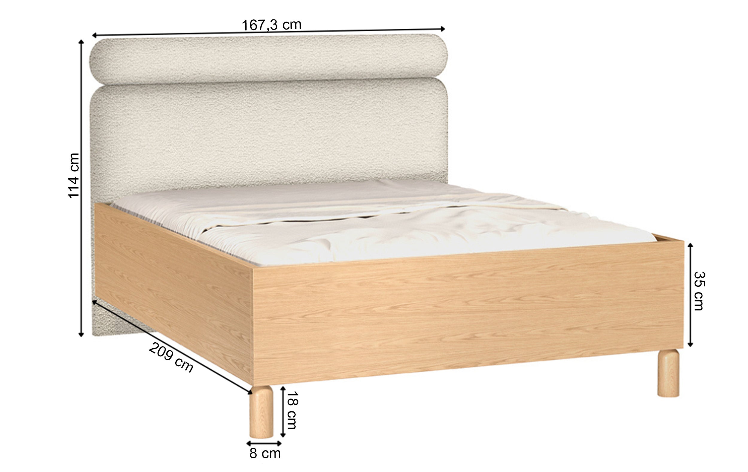 Bett mit gepolstertem Kopfteil 160x200 cm Sanden mit Stauraum und Metallrahmen, cremefarbenes Bouclé, wasserabweisend
