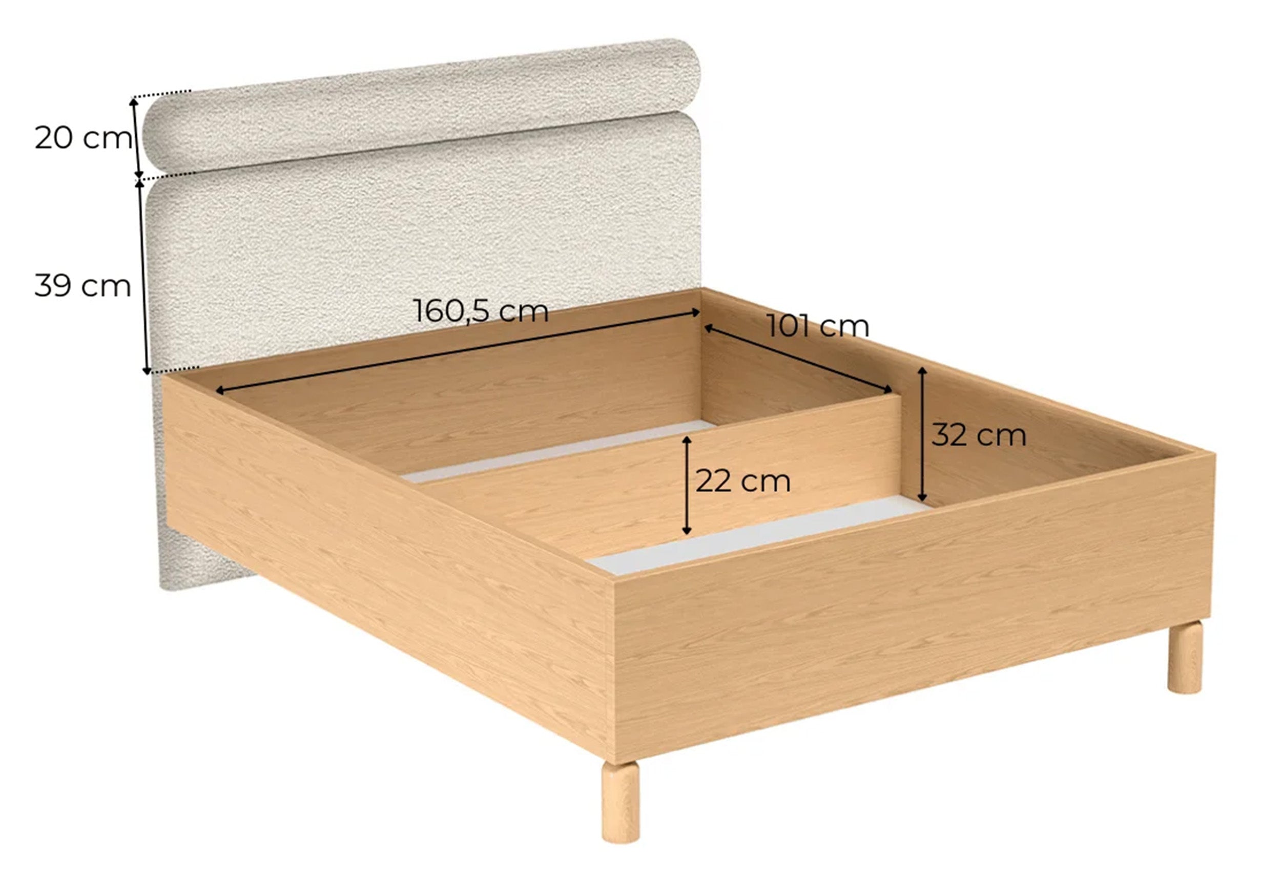 Bett mit gepolstertem Kopfteil 160x200 cm Sanden mit Stauraum und Metallrahmen, cremefarbenes Bouclé, wasserabweisend