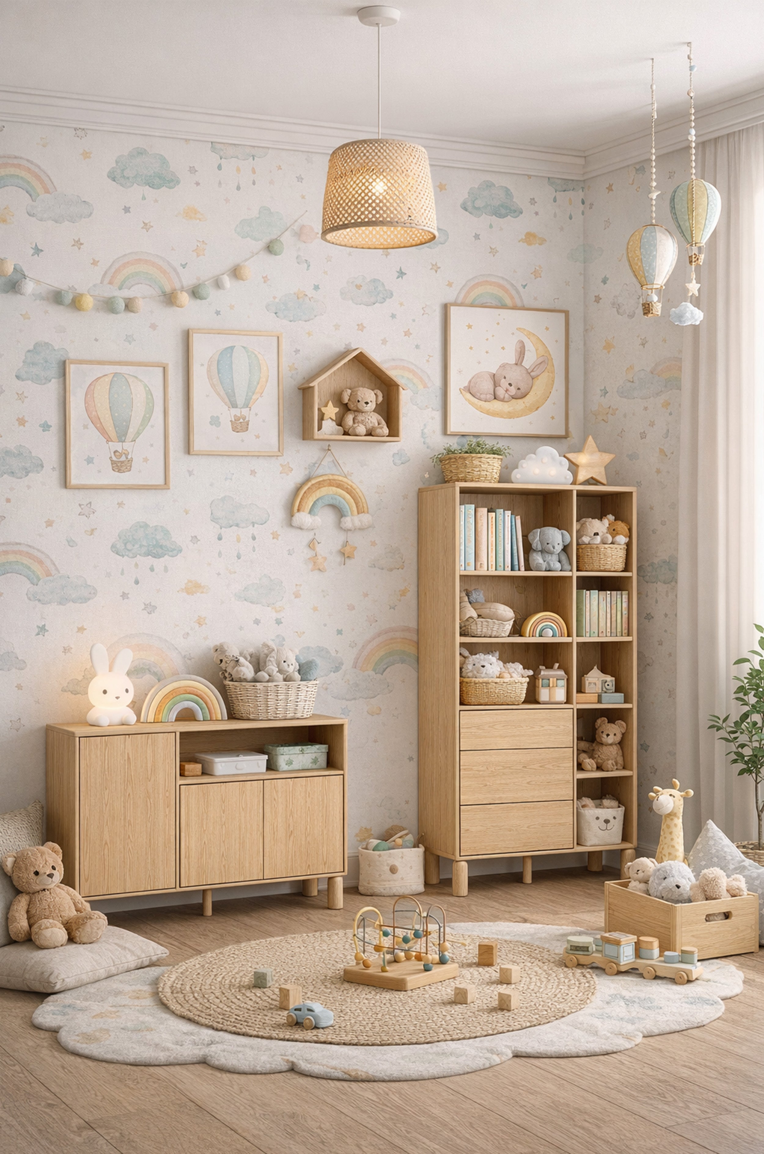 Regal Sanden mit drei Schubladen, 110 cm, Eiche Bookmatch
