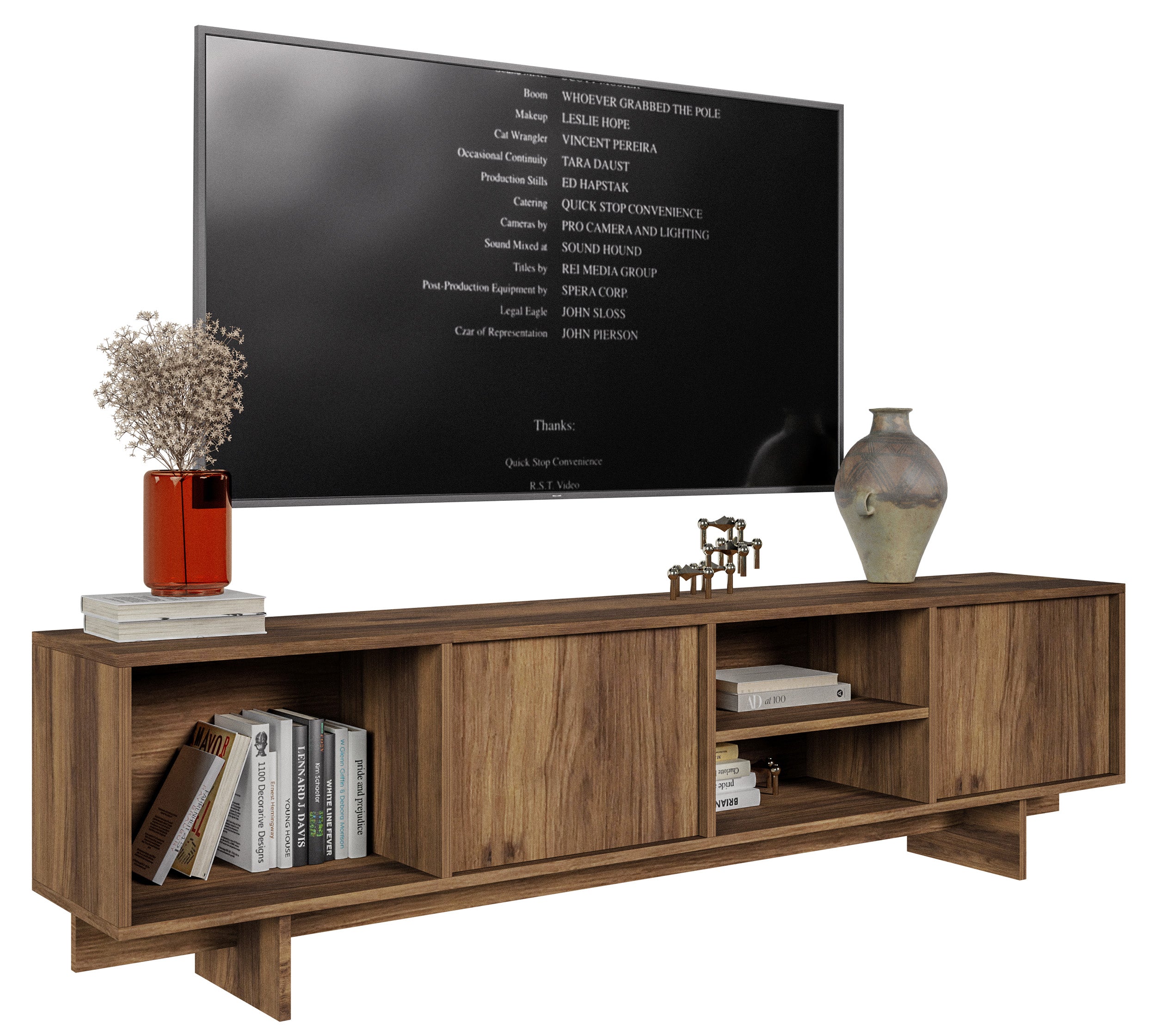 Zweittüriger TV-Schrank Sanva mit drei Fächern, 200 cm, Walnuss Warmia