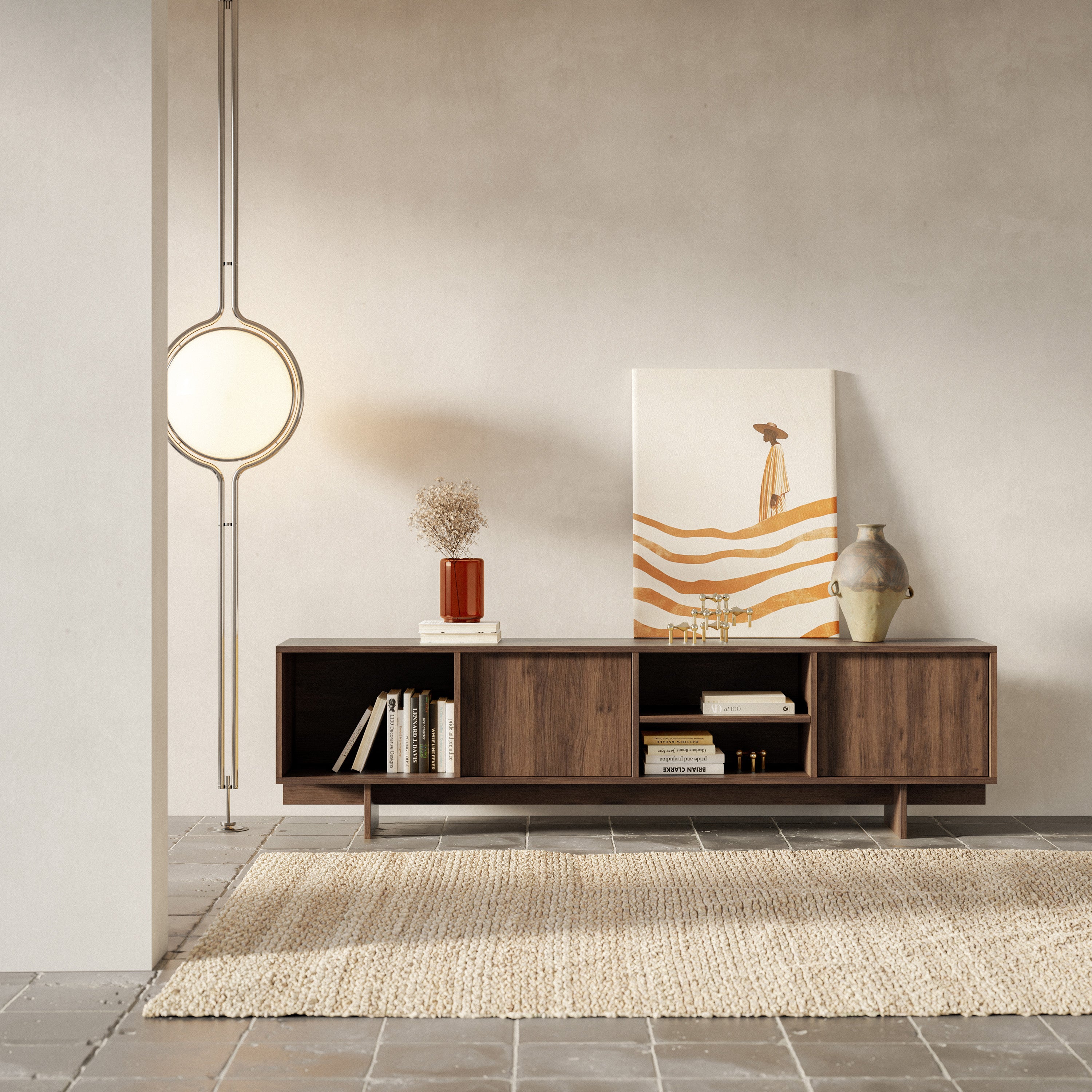 Zweittüriger TV-Schrank Sanva mit drei Fächern, 200 cm, Walnuss Warmia