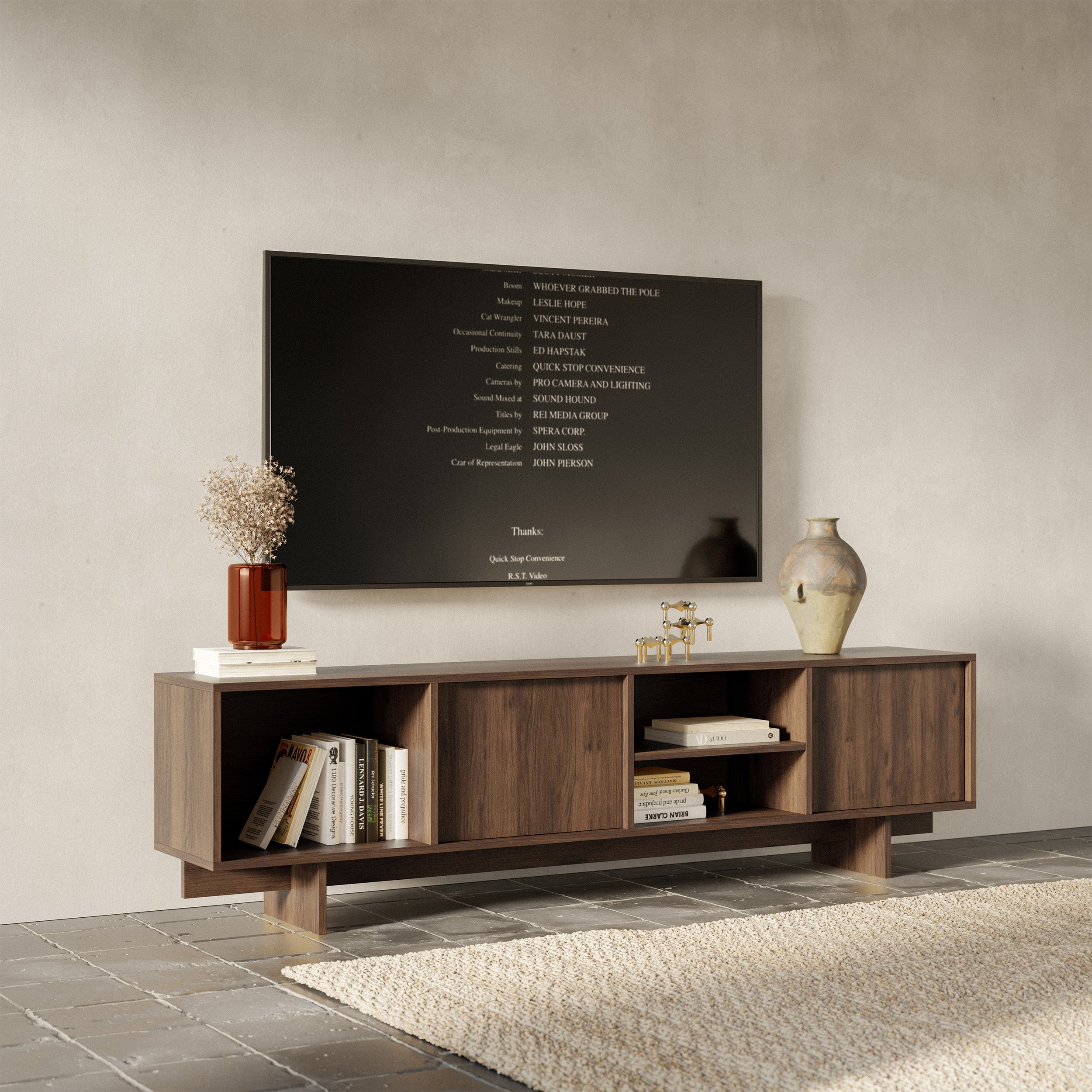 Zweittüriger TV-Schrank Sanva mit drei Fächern, 200 cm, Walnuss Warmia