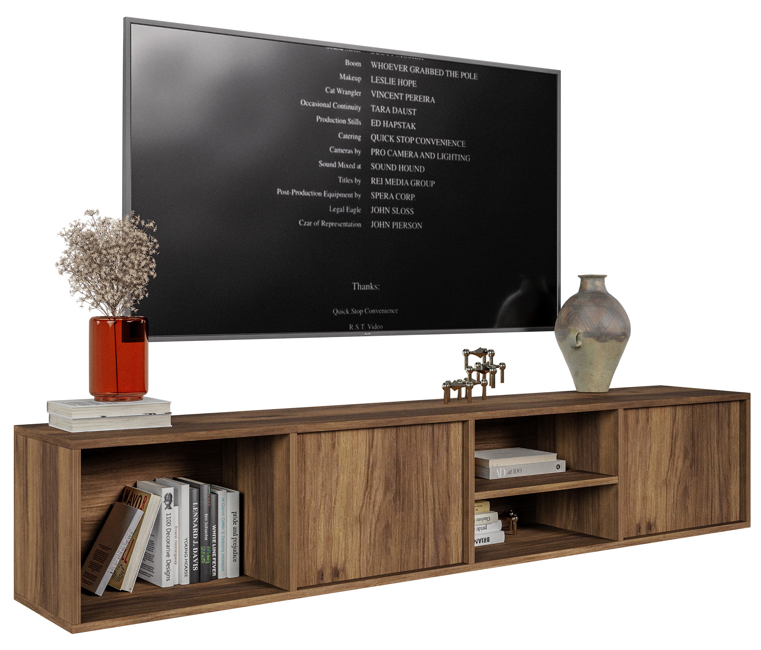 Hängender zweiflügeliger TV-Schrank Sanva mit drei Fächern, 200 cm, Walnuss Warmia