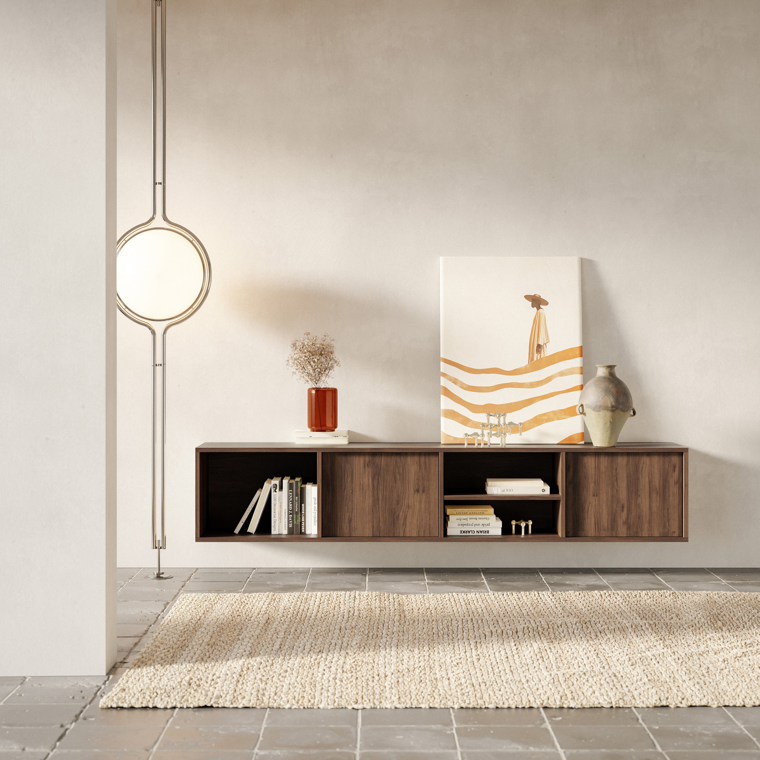 Hängender zweiflügeliger TV-Schrank Sanva mit drei Fächern, 200 cm, Walnuss Warmia