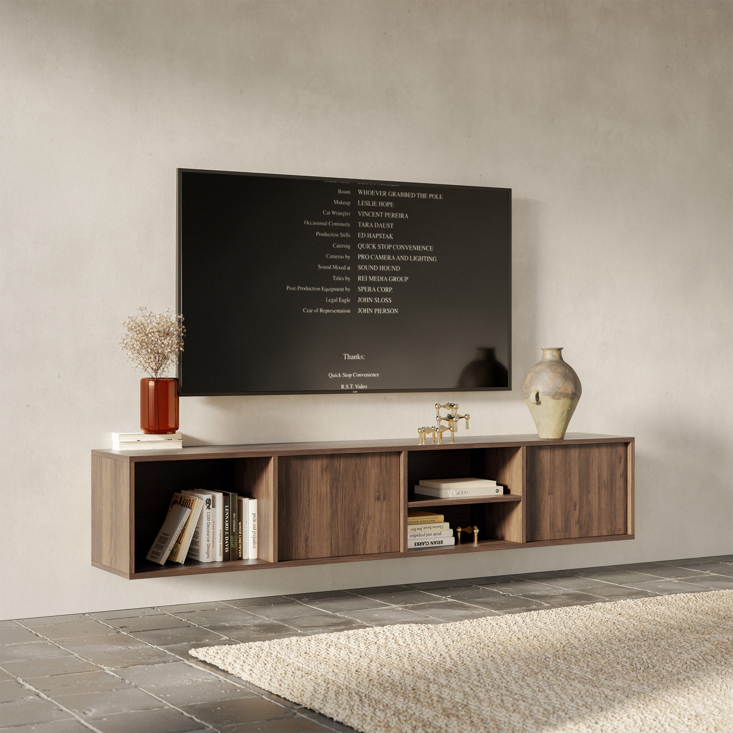 Hängender zweiflügeliger TV-Schrank Sanva mit drei Fächern, 200 cm, Walnuss Warmia