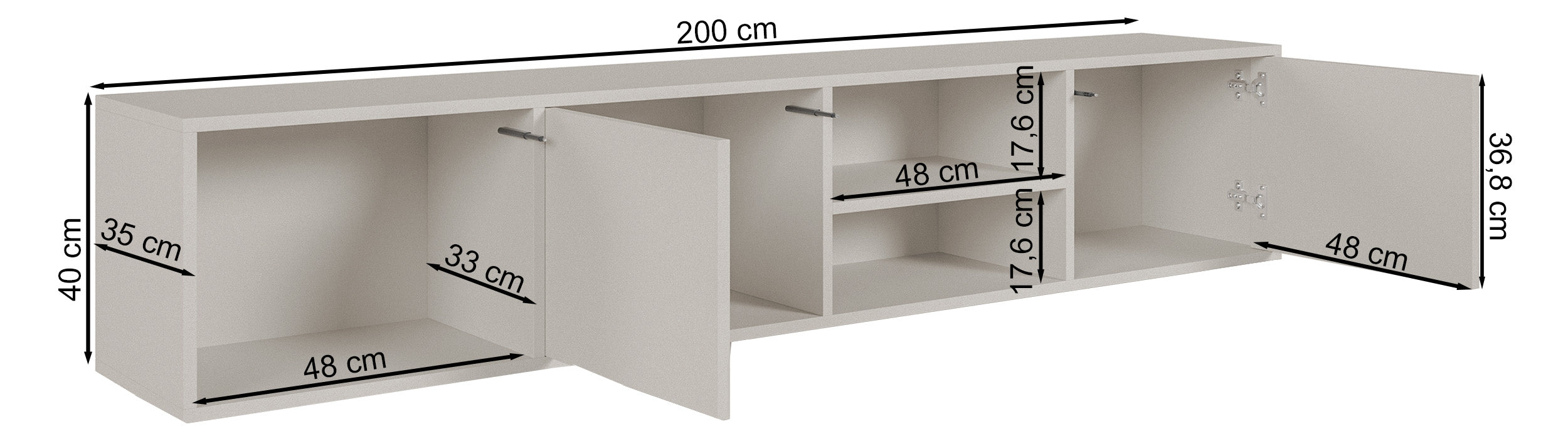 Sanva Hängeschrank für TV mit zwei Türen und drei Fächern, 200 cm, Kaschmir