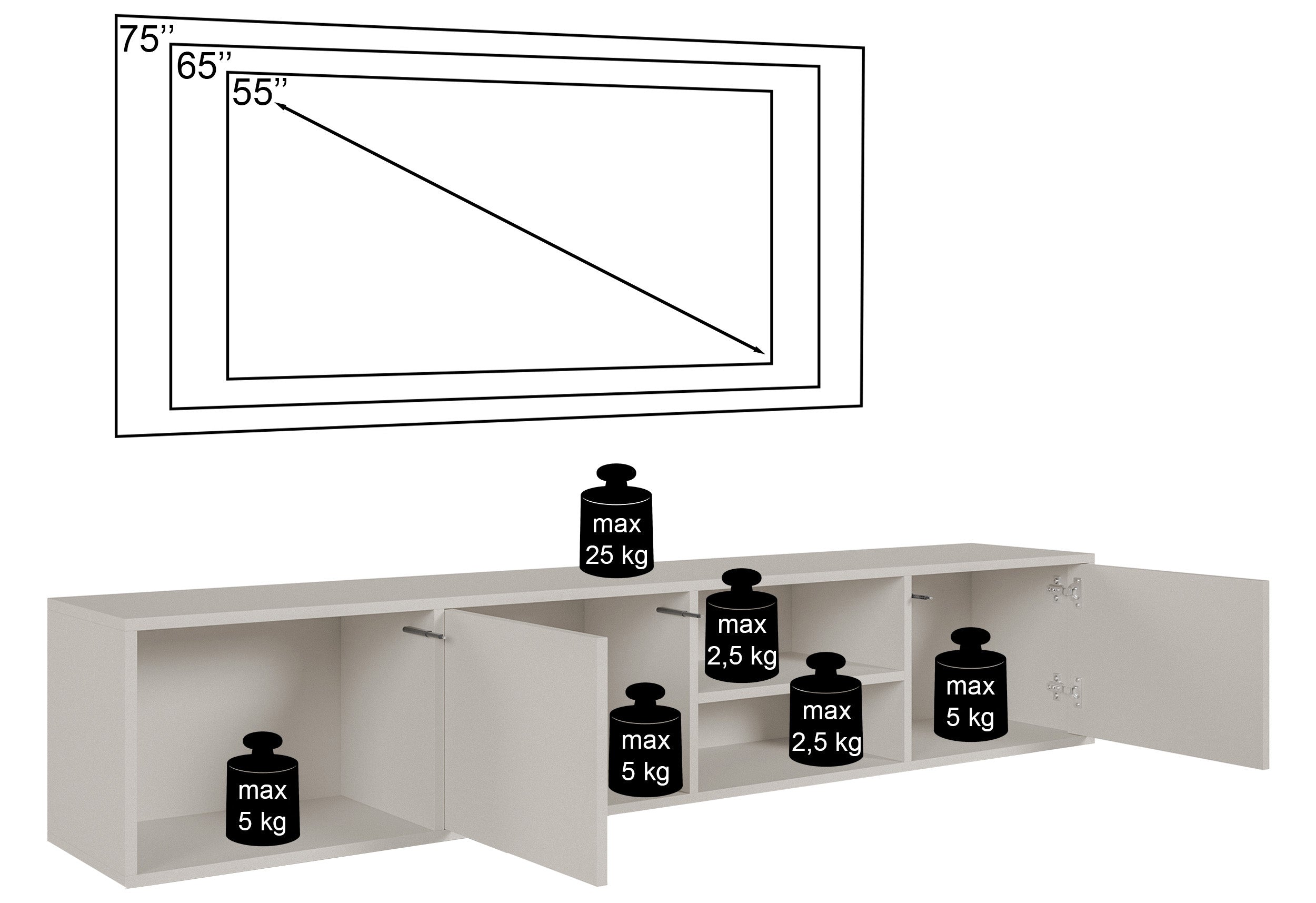 Sanva Hängeschrank für TV mit zwei Türen und drei Fächern, 200 cm, Kaschmir