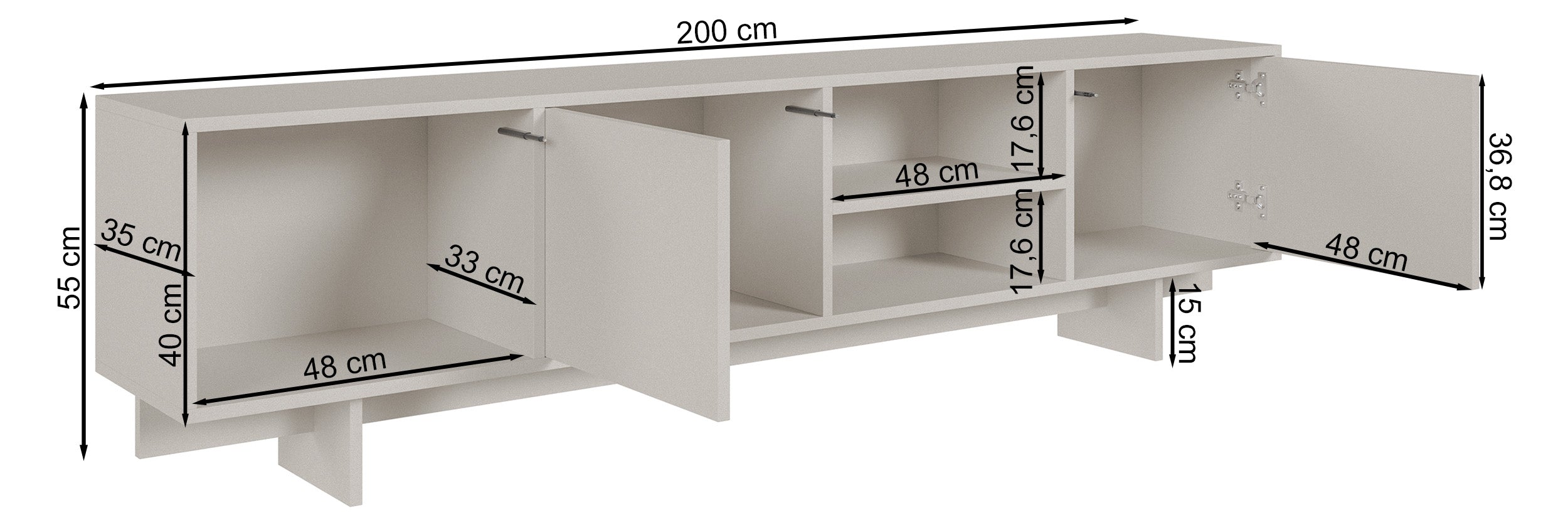 Sanva TV-Schrank mit zwei Türen und drei Fächern, 200 cm, Kaschmir