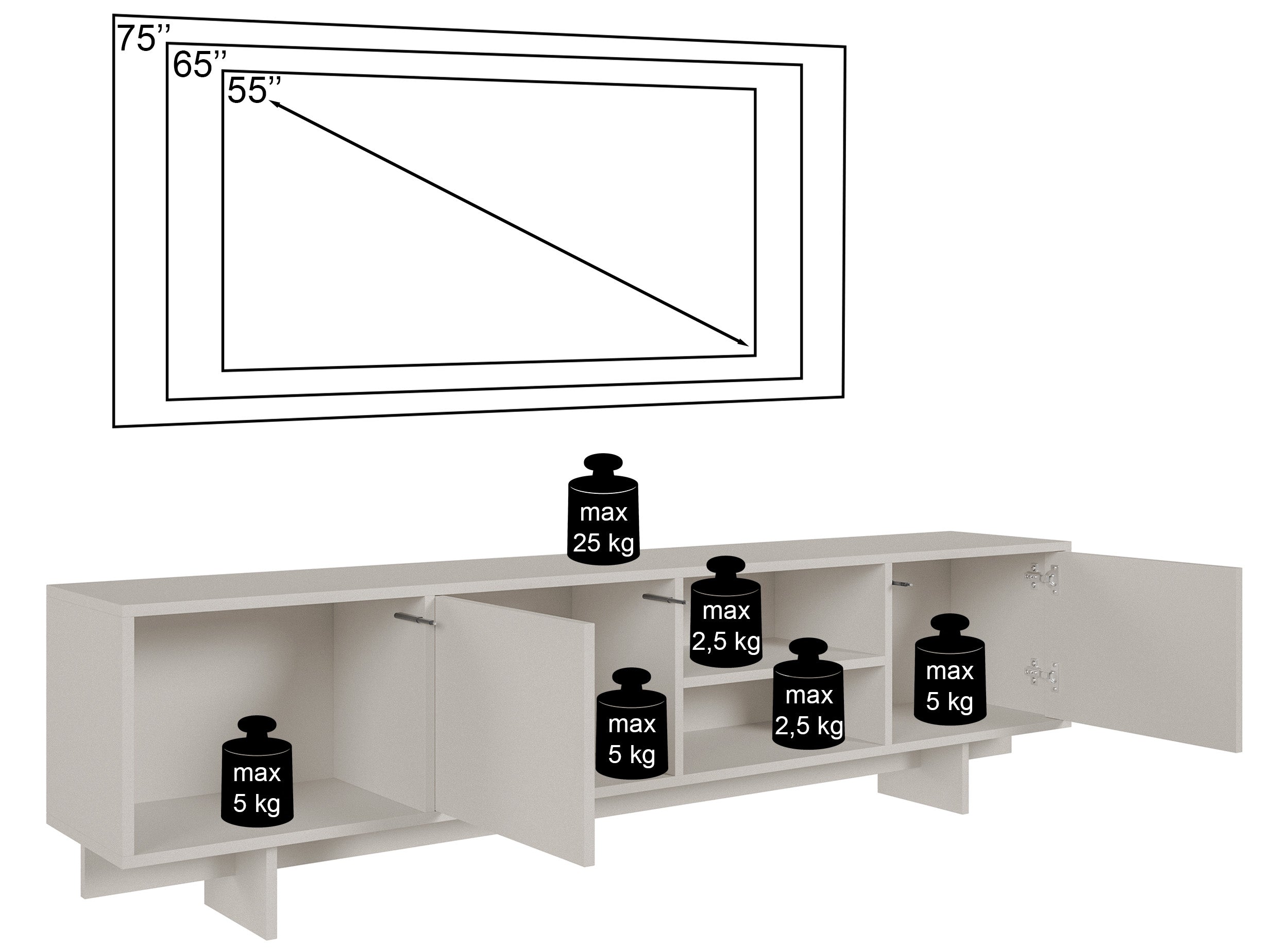Sanva TV-Schrank mit zwei Türen und drei Fächern, 200 cm, Kaschmir