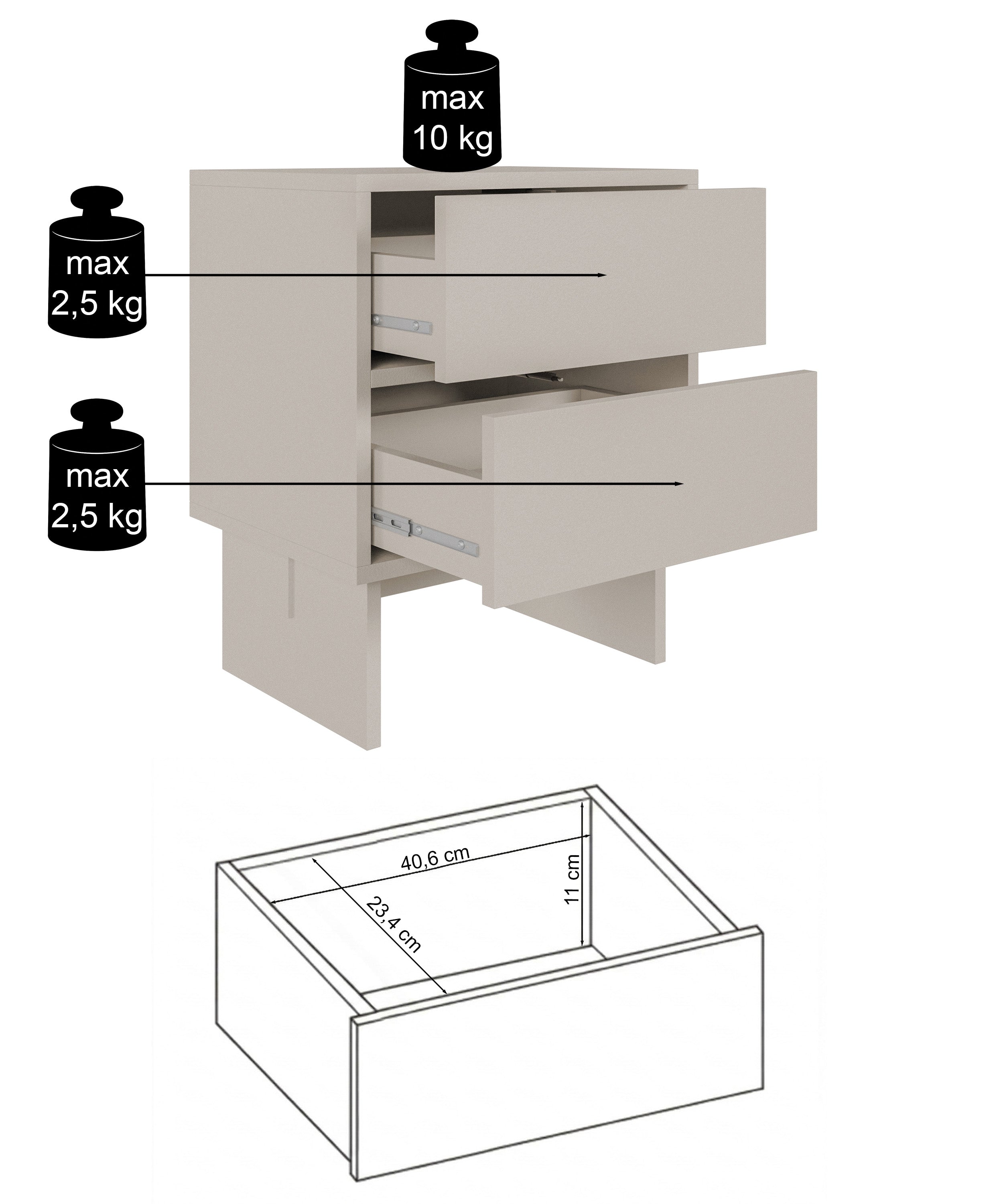Nachttisch Sanva mit zwei Schubladen, 50 cm, Kaschmir