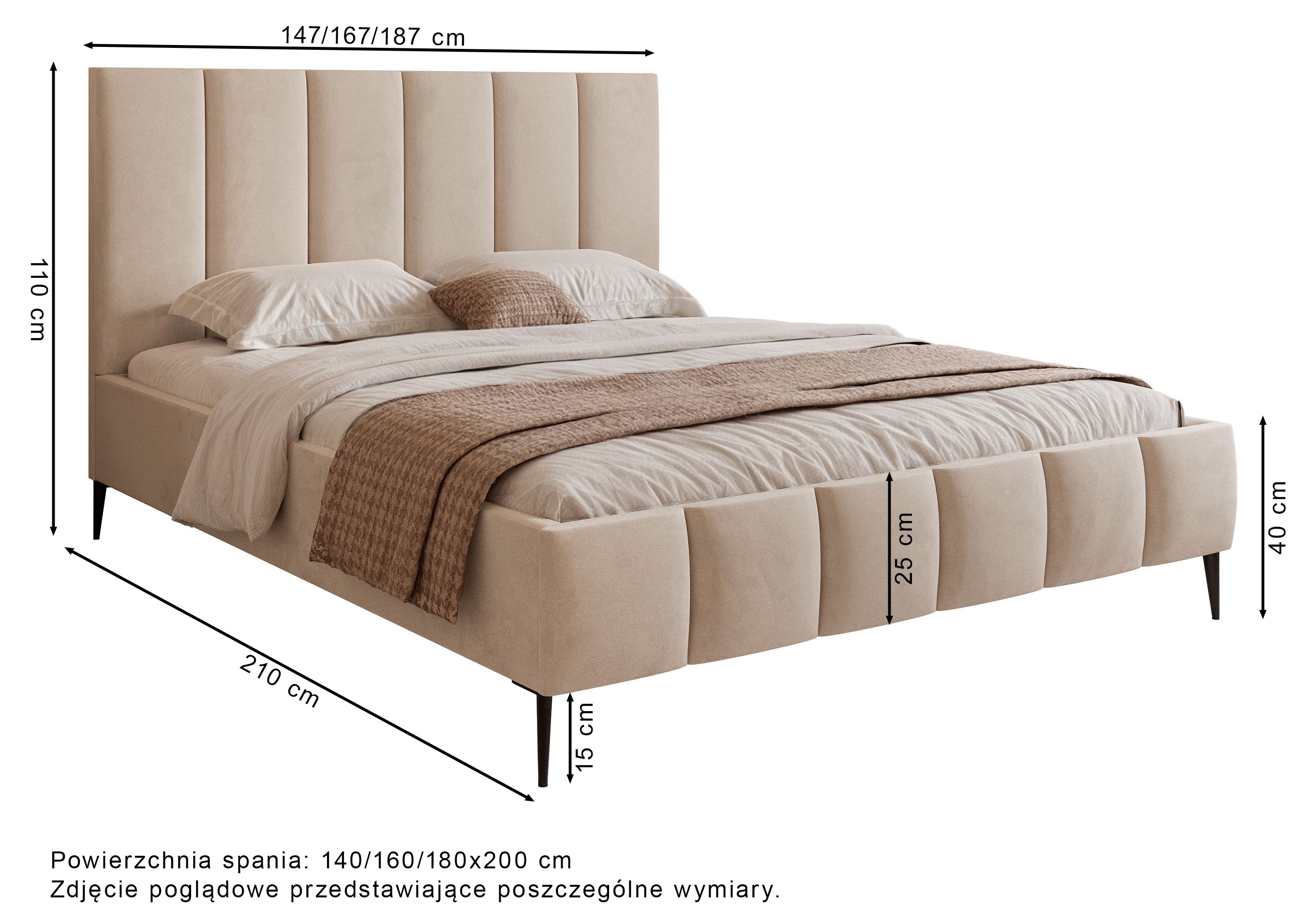 Gepolstertes Bett 140x200 cm Sarafino mit Bettkasten, hellgrauer Samt, Metallrahmen auf hohen Beinen