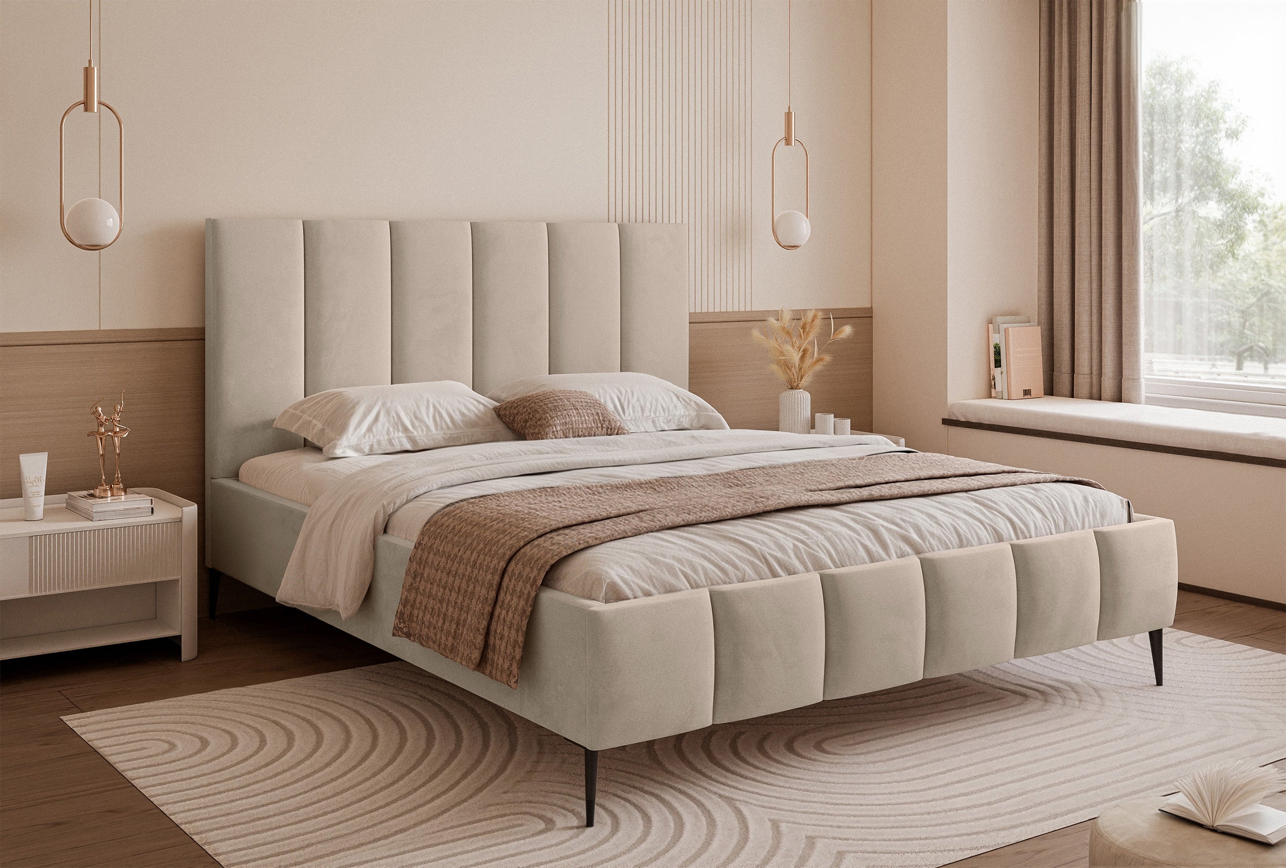 Polsterbett 160x200 cm Sarafino mit Bettkasten, beige Samt, Metallrahmen auf hohen Beinen
