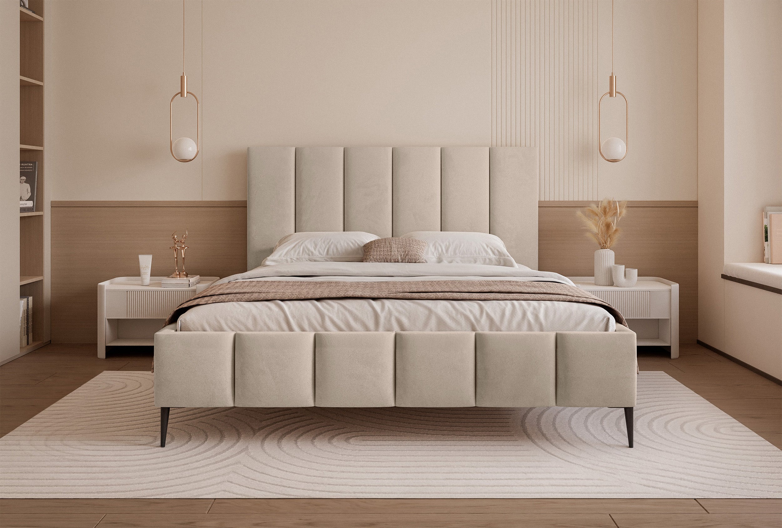 Polsterbett 140x200 cm Sarafino mit Bettkasten, beige Samt, Metallrahmen auf hohen Beinen