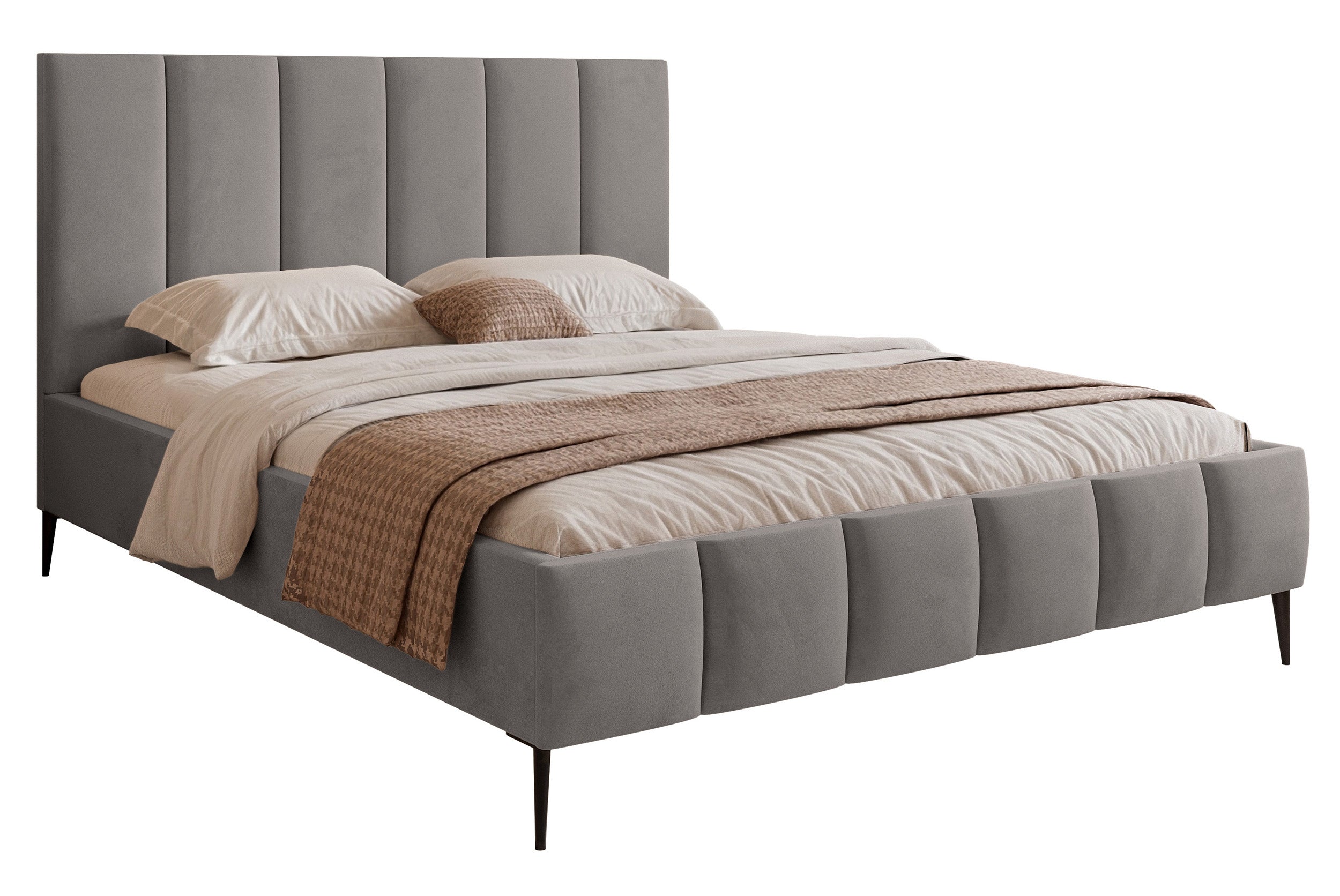 Gepolstertes Bett 140x200 cm Sarafino mit Bettkasten, hellgrauer Samt, Metallrahmen auf hohen Beinen